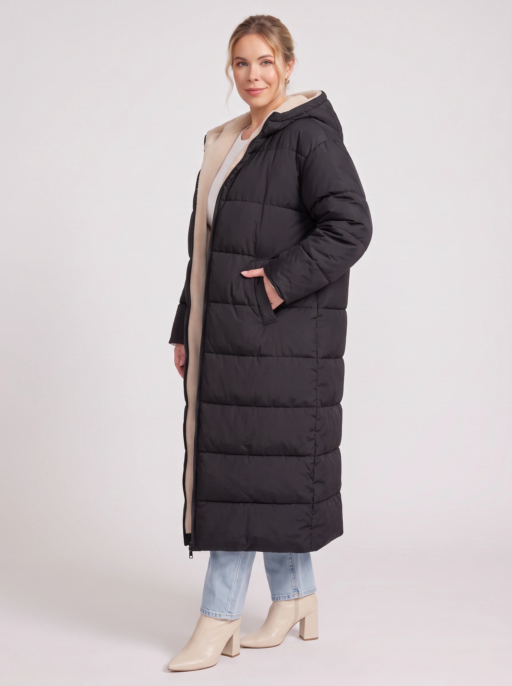 Norvento Oversized Hooded Longline Puffer Coat – Quilted Sherpa Lined Women Winter Outerwear Ladies Maxi Puffer Jacket