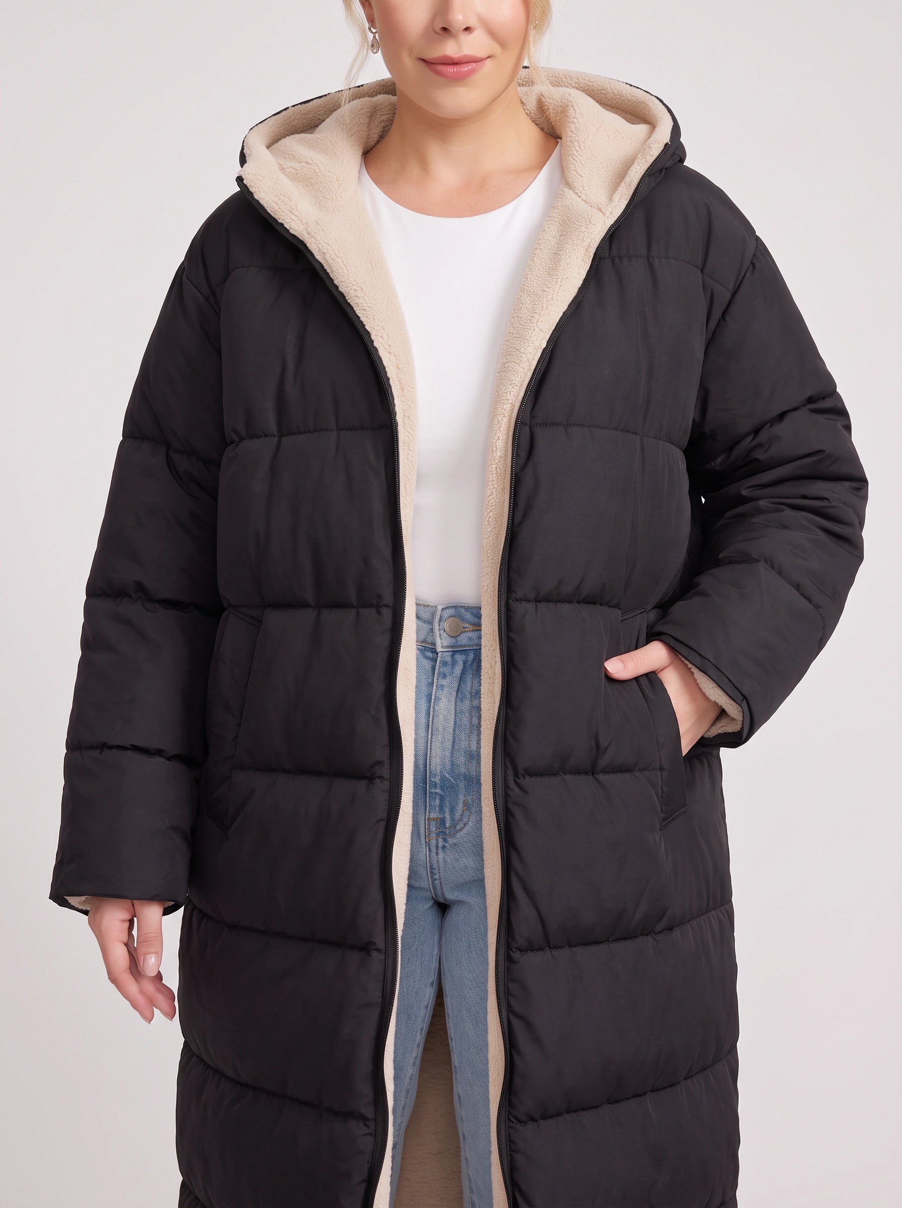 Norvento Oversized Hooded Longline Puffer Coat – Quilted Sherpa Lined Women Winter Outerwear Ladies Maxi Puffer Jacket