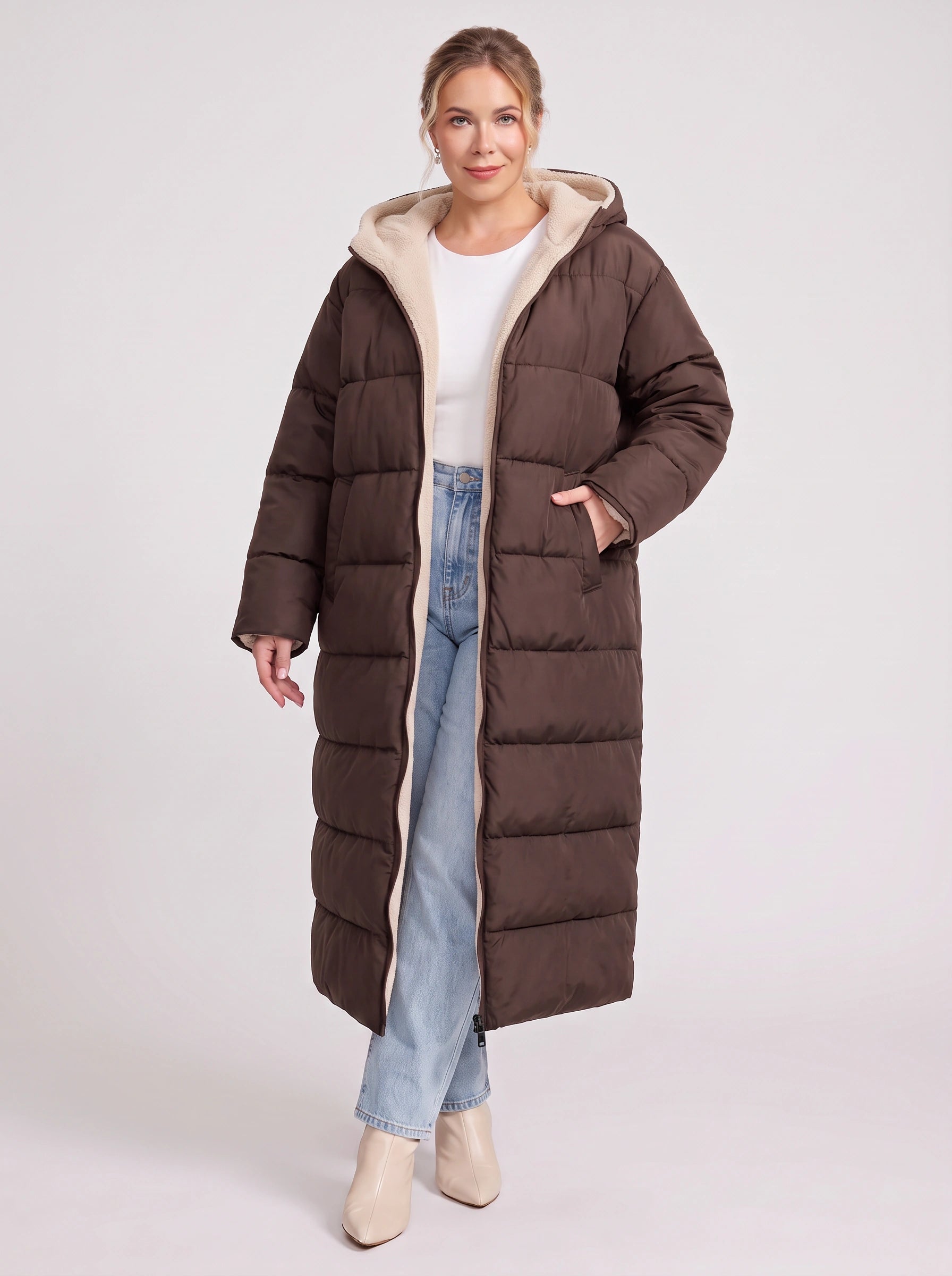 Norvento Oversized Hooded Longline Puffer Coat – Quilted Sherpa Lined Women Winter Outerwear Ladies Maxi Puffer Jacket