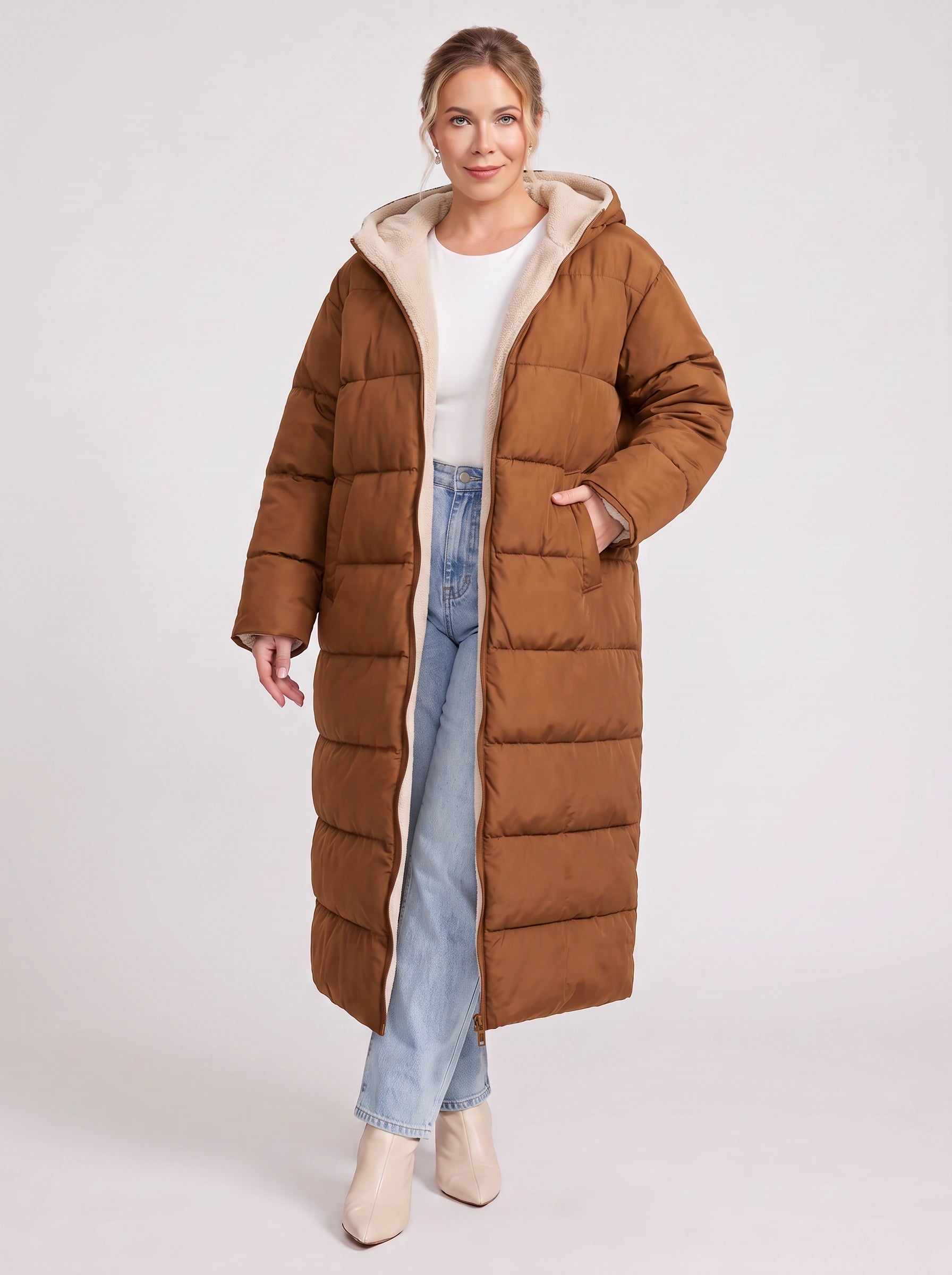 Norvento Oversized Hooded Longline Puffer Coat – Quilted Sherpa Lined Women Winter Outerwear Ladies Maxi Puffer Jacket