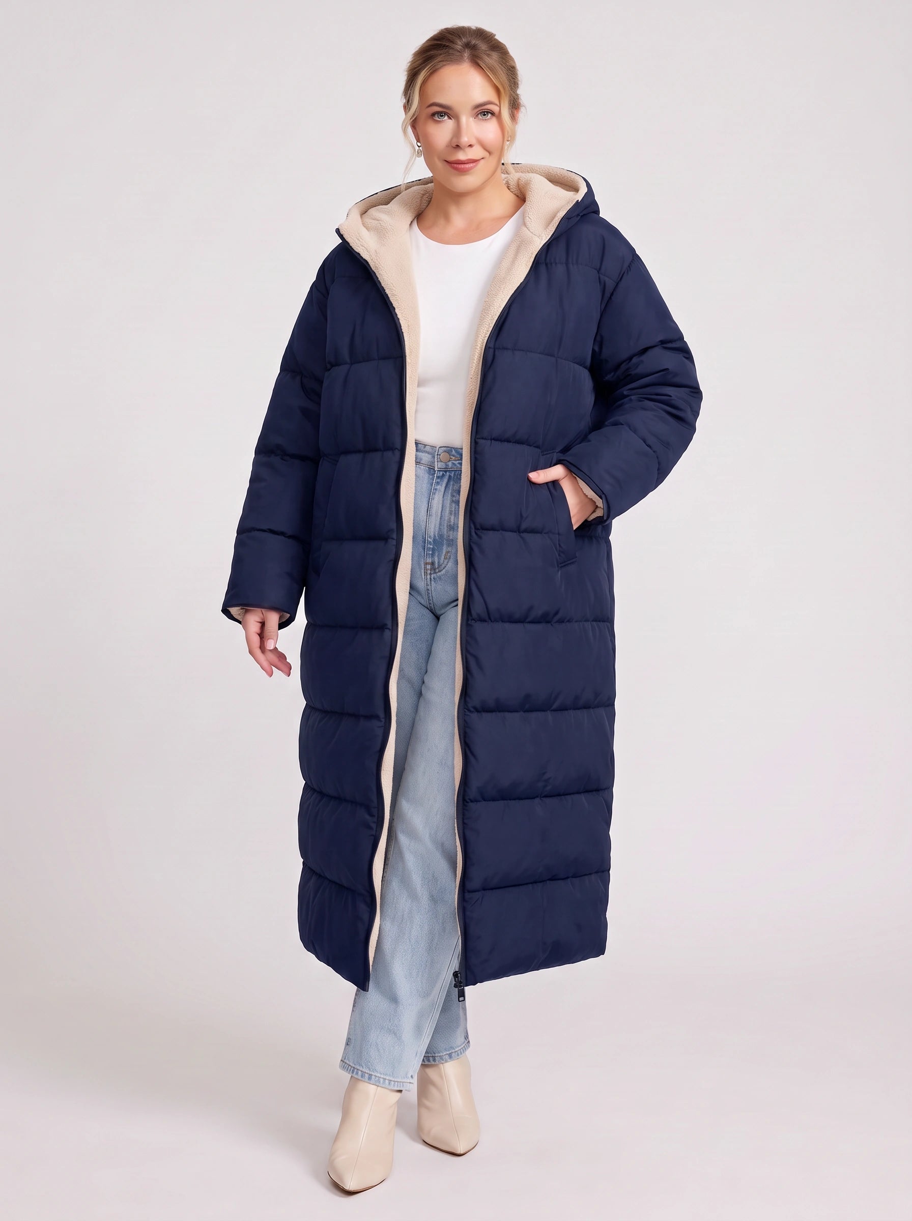 Norvento Oversized Hooded Longline Puffer Coat – Quilted Sherpa Lined Women Winter Outerwear Ladies Maxi Puffer Jacket