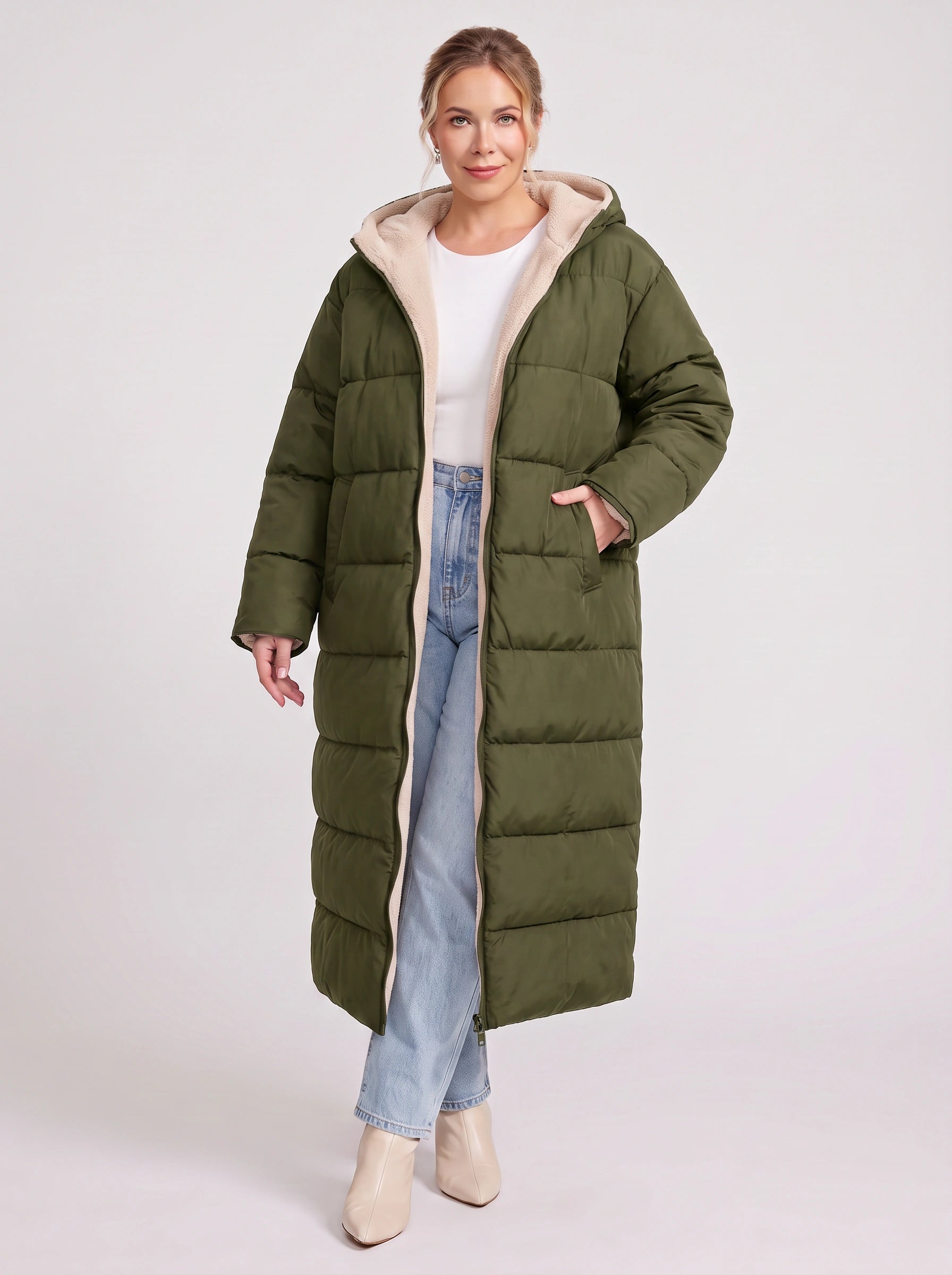 Norvento Oversized Hooded Longline Puffer Coat – Quilted Sherpa Lined Women Winter Outerwear Ladies Maxi Puffer Jacket