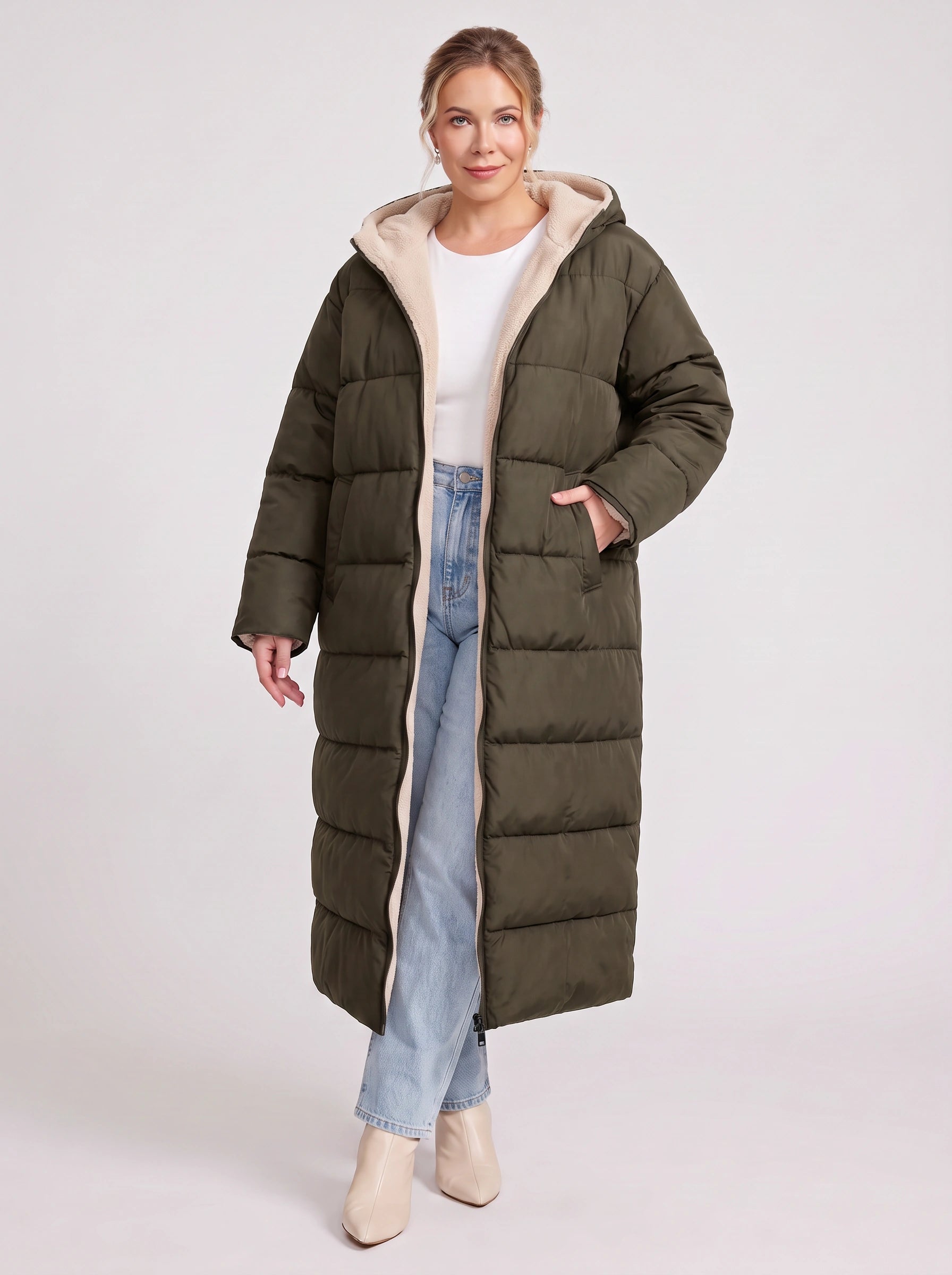 Norvento Oversized Hooded Longline Puffer Coat – Quilted Sherpa Lined Women Winter Outerwear Ladies Maxi Puffer Jacket