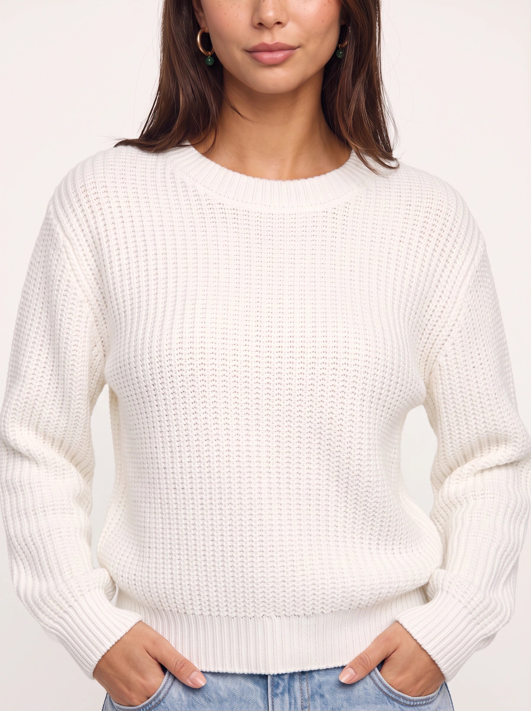 Pull court en maille gaufrée Rindara - Pull décontracté court à manches longues et col rond pour femme