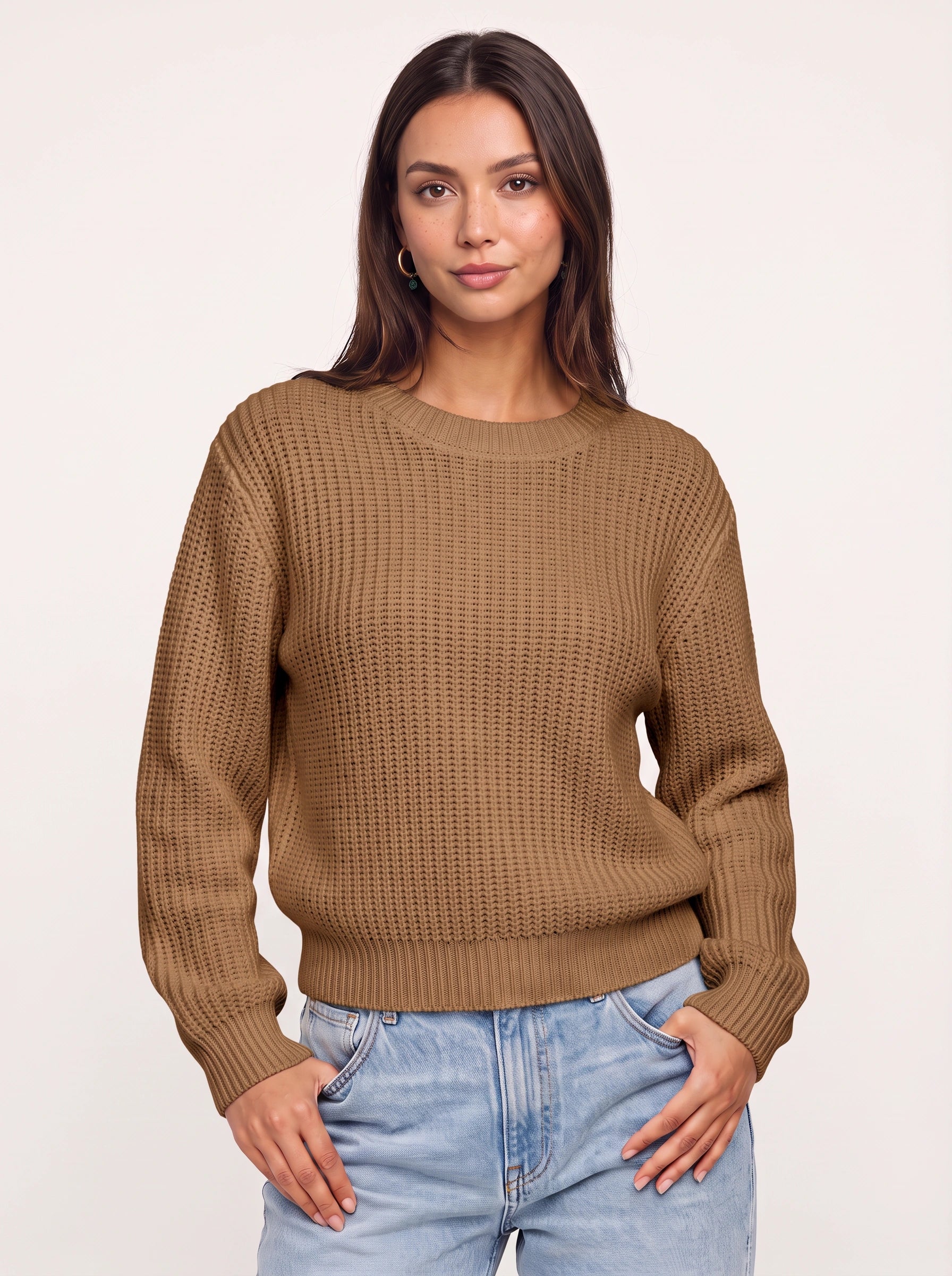 Pull court en maille gaufrée Rindara - Pull décontracté court à manches longues et col rond pour femme