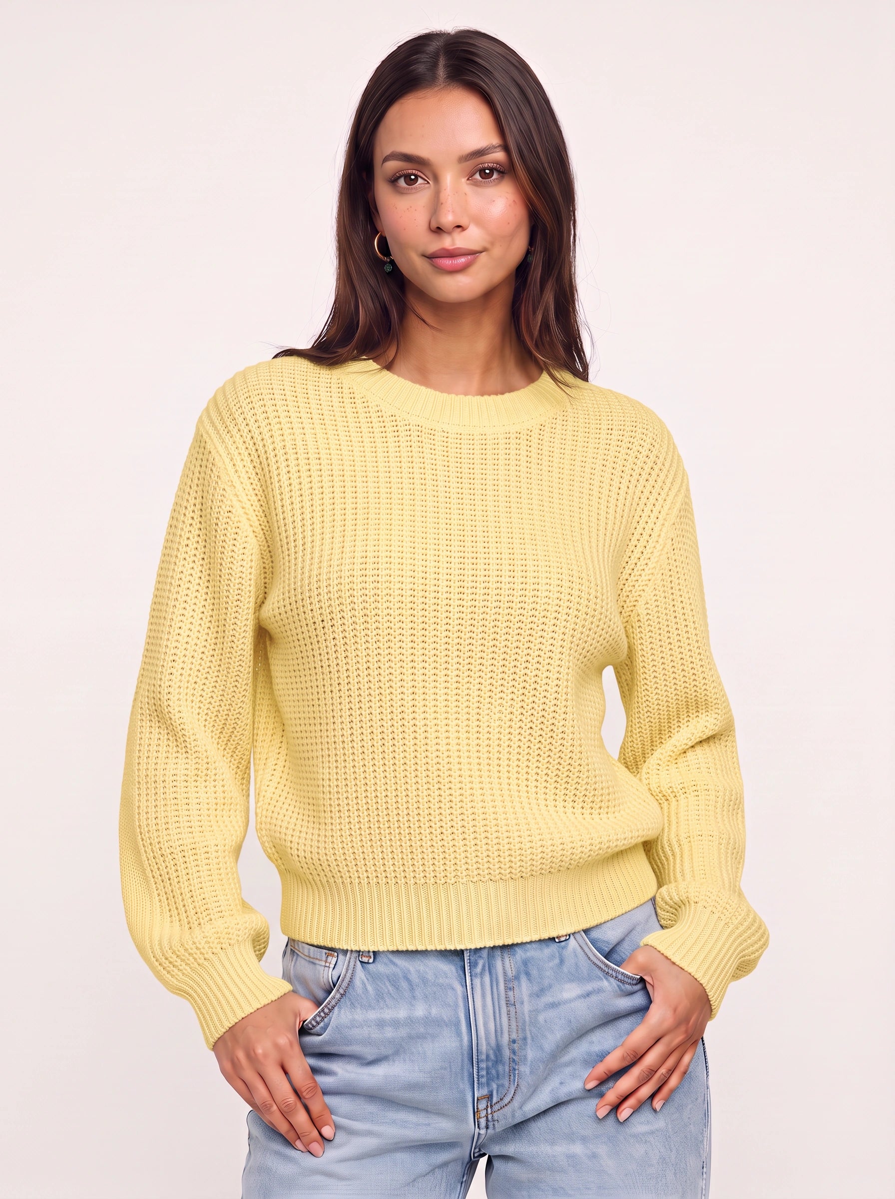 Pull court en maille gaufrée Rindara - Pull décontracté court à manches longues et col rond pour femme