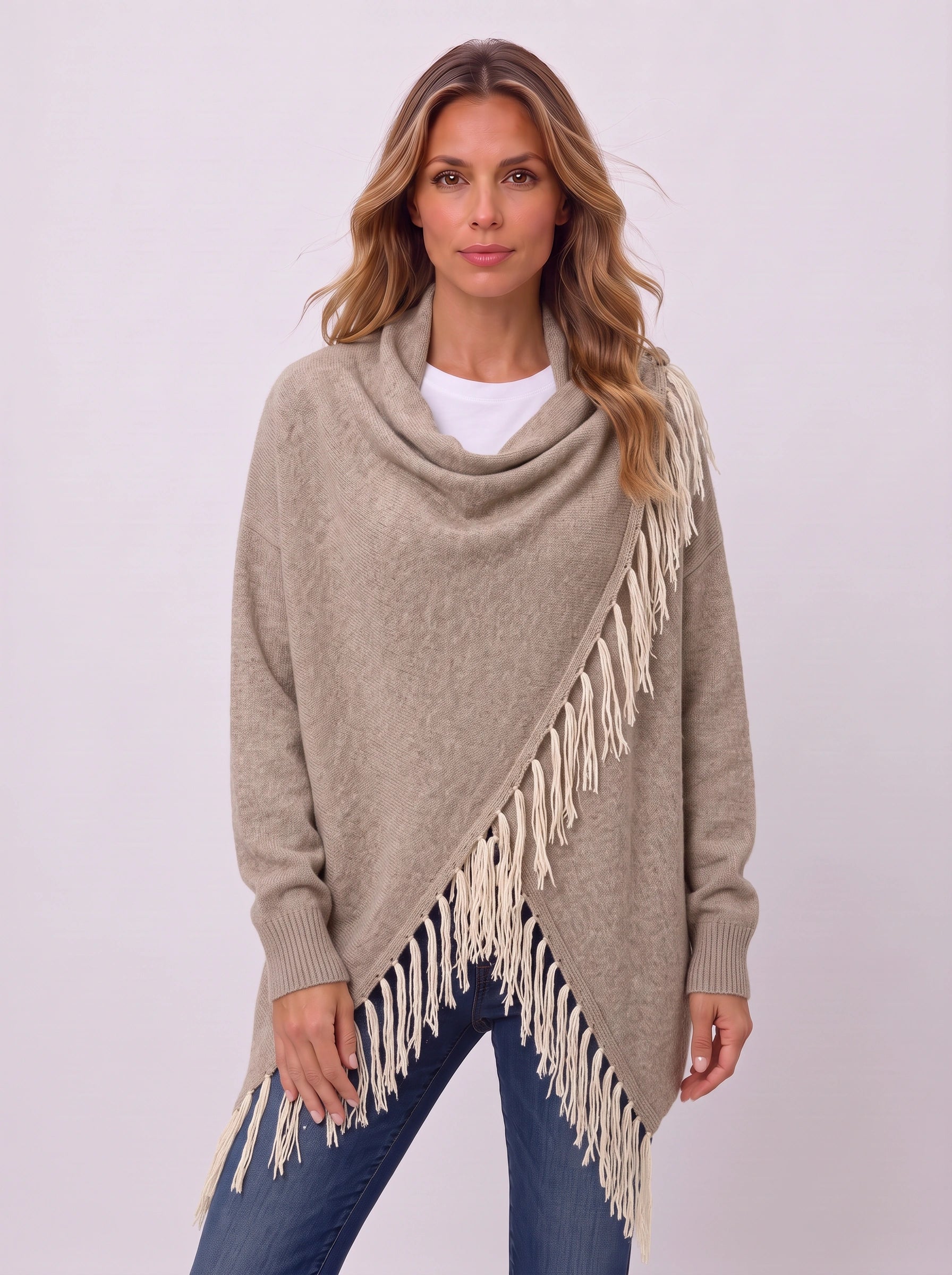 Frinara Cowl Neck Fringe Wrap Cardigan – Women Asymmetric Draped Knit Sweater Fall Boho Casual Open Front Cardigan