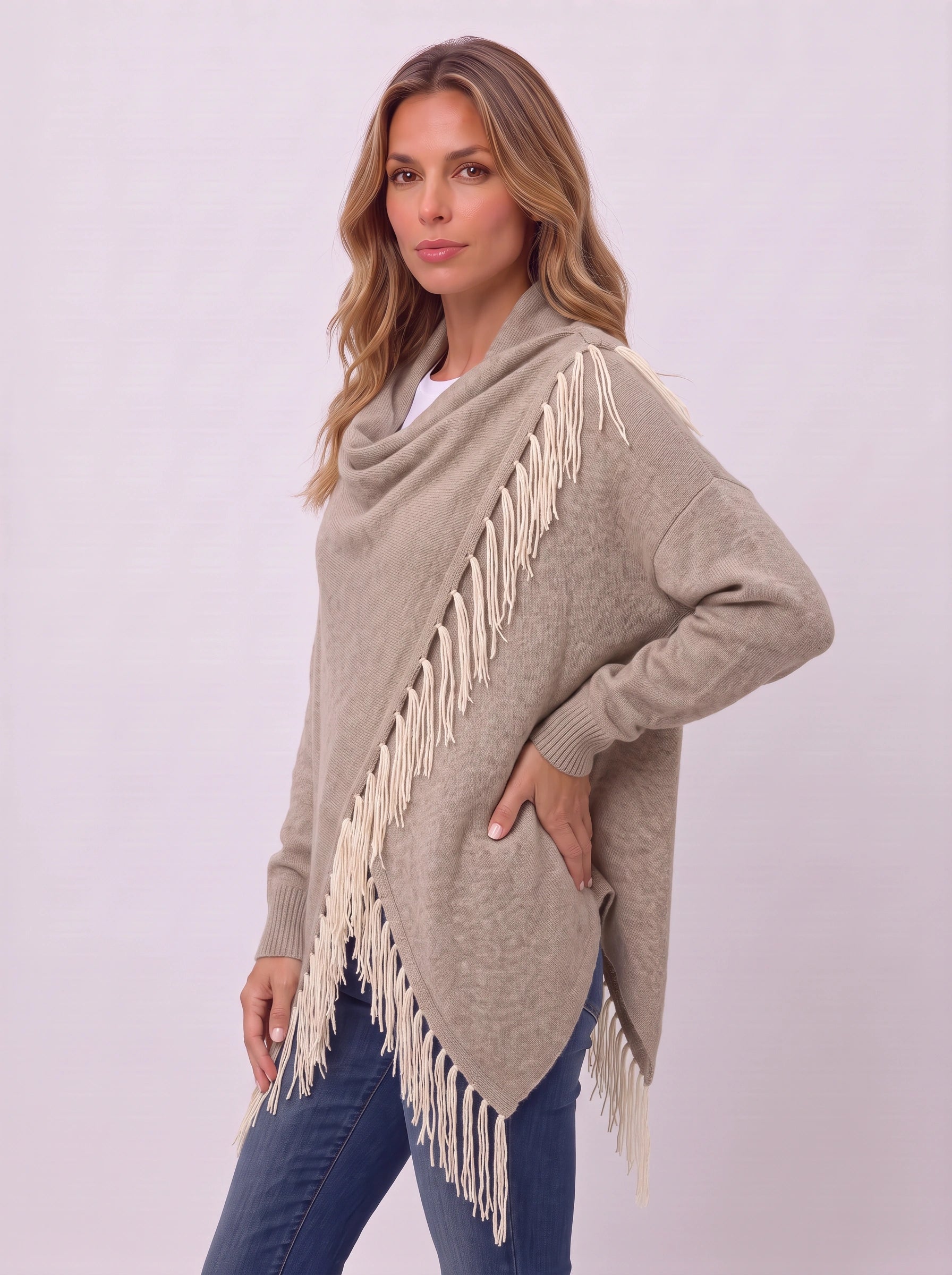 Frinara Cowl Neck Fringe Wrap Cardigan – Women Asymmetric Draped Knit Sweater Fall Boho Casual Open Front Cardigan