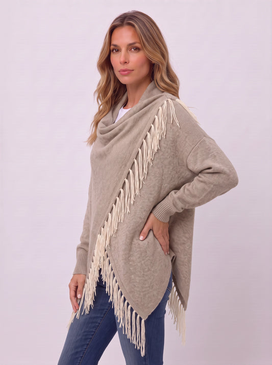 Frinara Cowl Neck Fringe Wrap Cardigan – Women Asymmetric Draped Knit Sweater Fall Boho Casual Open Front Cardigan