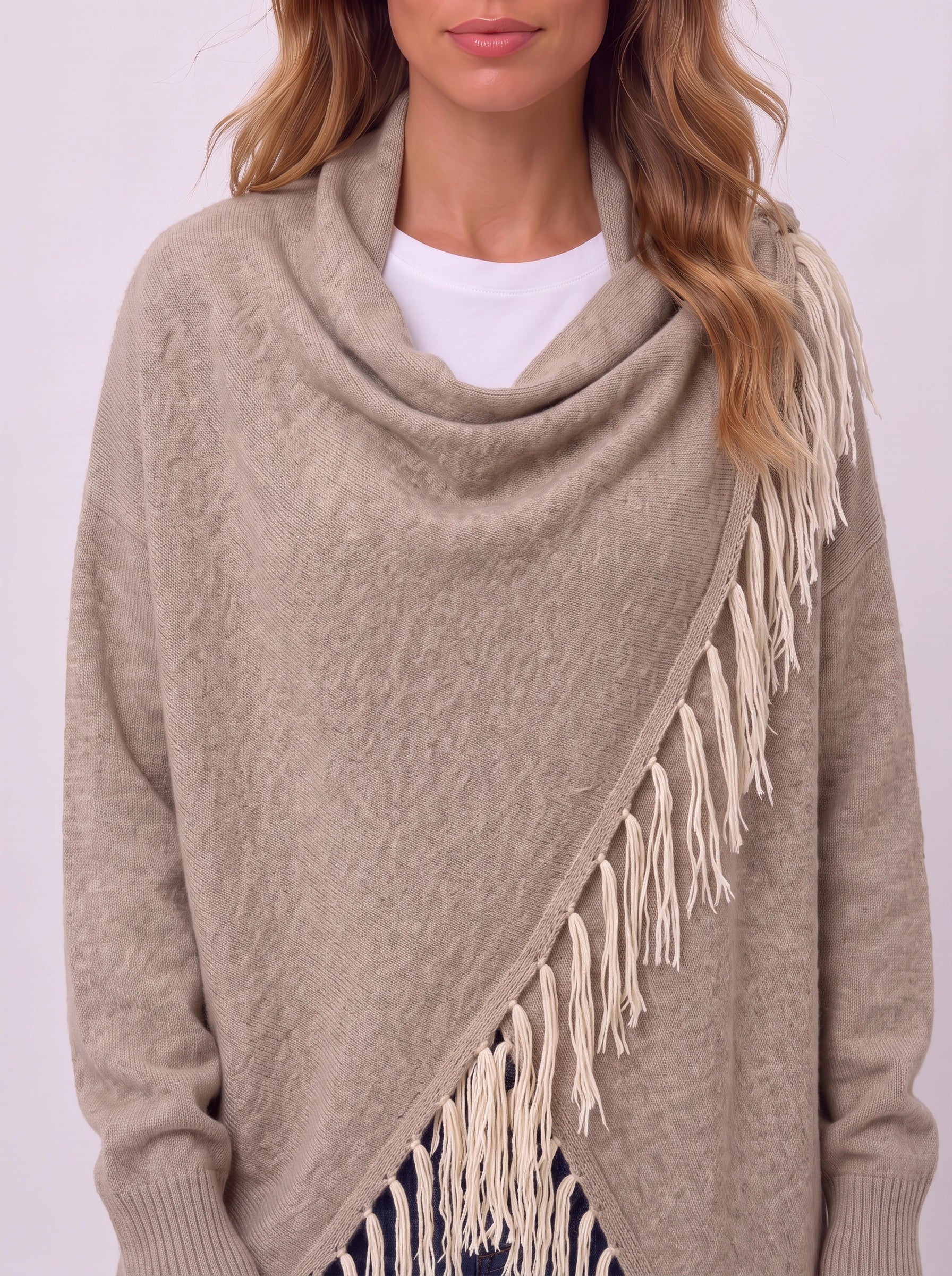 Frinara Cowl Neck Fringe Wrap Cardigan – Women Asymmetric Draped Knit Sweater Fall Boho Casual Open Front Cardigan