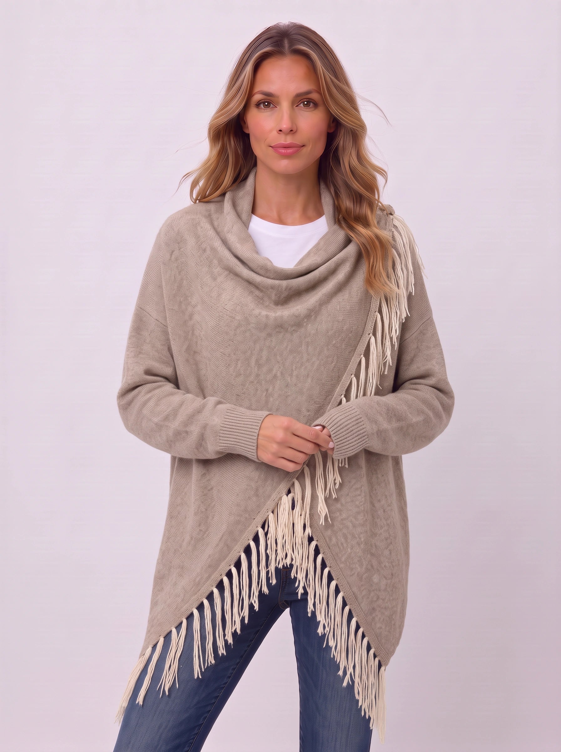 Frinara Cowl Neck Fringe Wrap Cardigan – Women Asymmetric Draped Knit Sweater Fall Boho Casual Open Front Cardigan