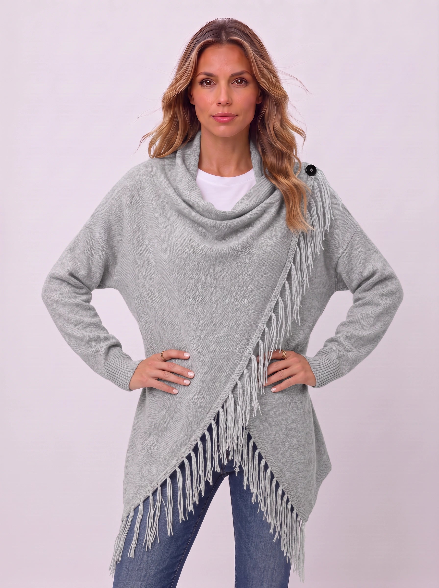 Frinara Cowl Neck Fringe Wrap Cardigan – Women Asymmetric Draped Knit Sweater Fall Boho Casual Open Front Cardigan
