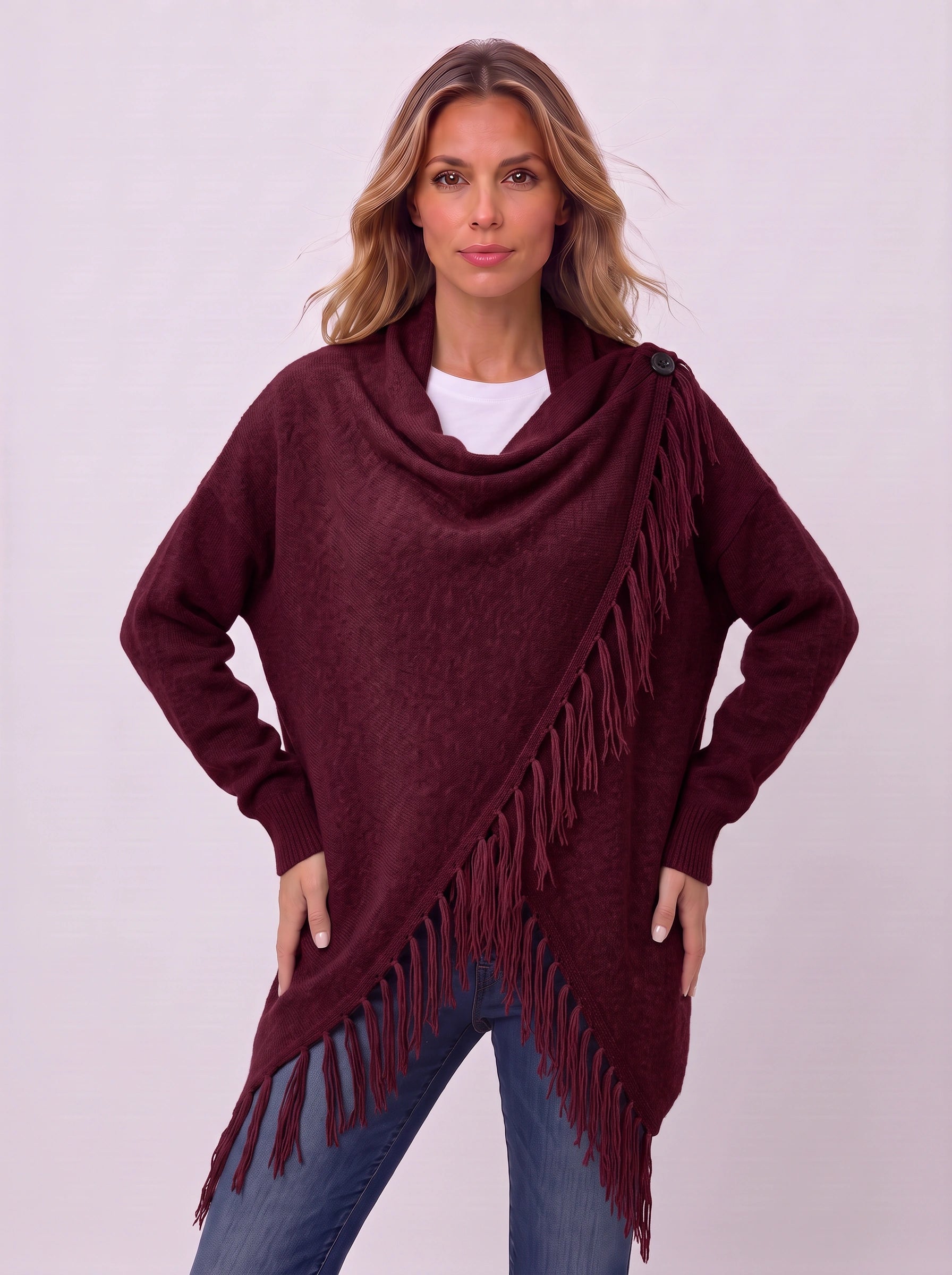 Frinara Cowl Neck Fringe Wrap Cardigan – Women Asymmetric Draped Knit Sweater Fall Boho Casual Open Front Cardigan