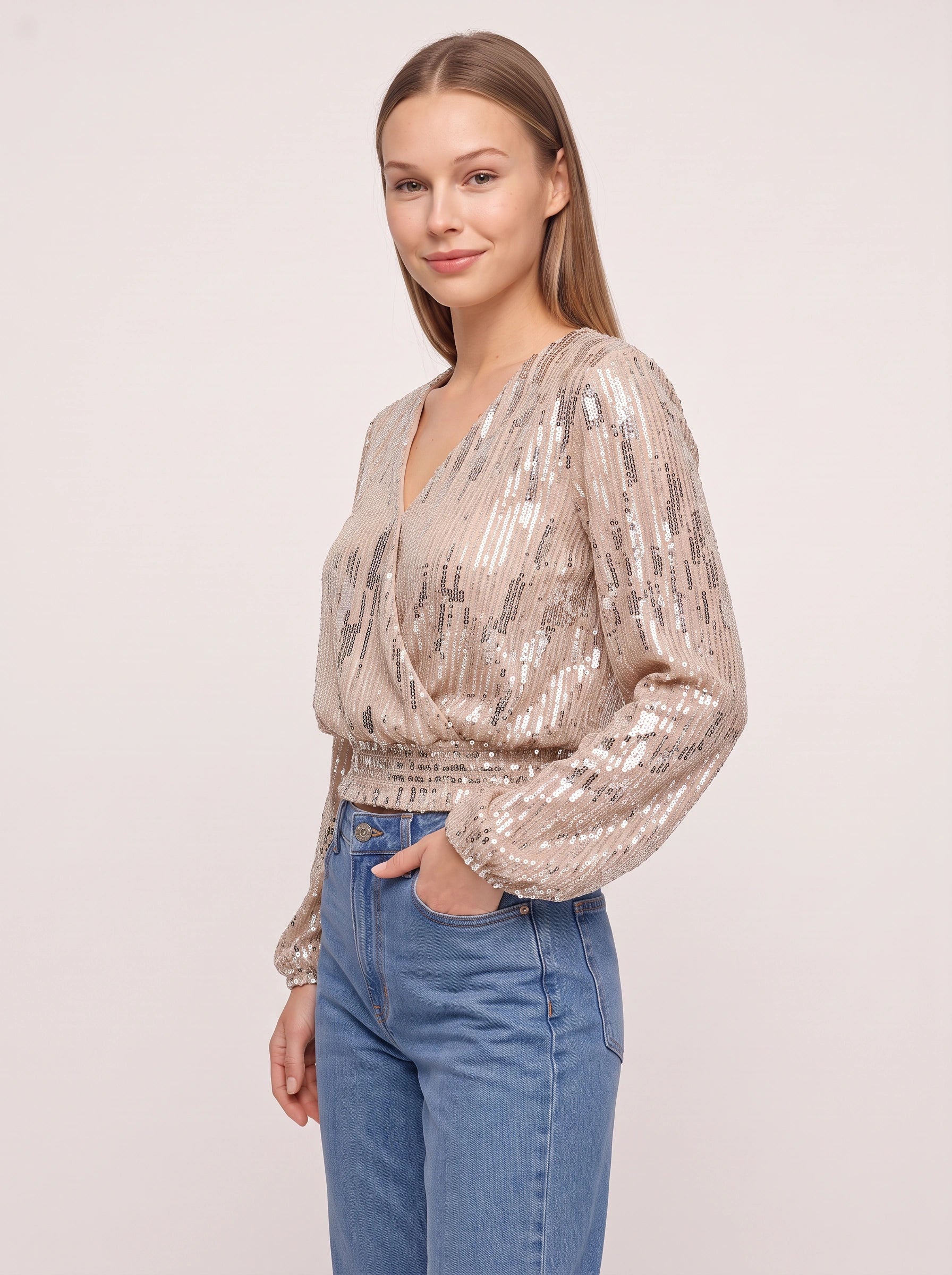 Scintille Sequin Wrap Crop Top – Women Long Sleeve V-Neck Party Cocktail Evening Formal Cropped Blouse
