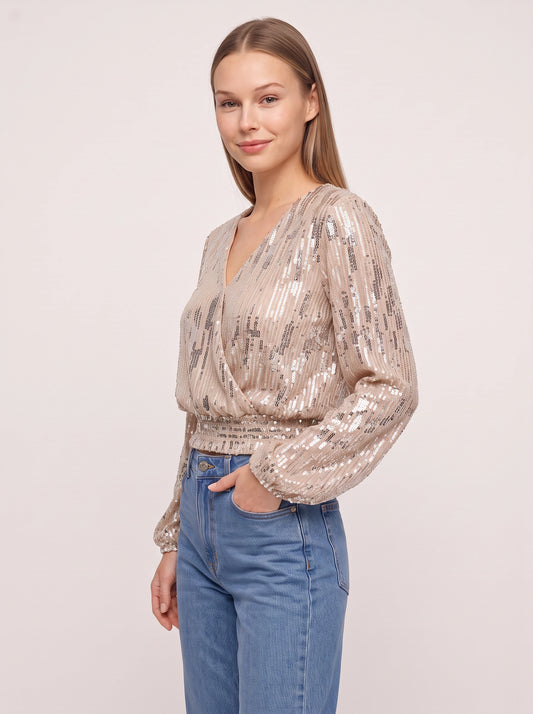 Crop top cache-cœur à sequins Scintille - blouse courte habillée pour femme, manches longues, col en V, pour fête ou soirée cocktail