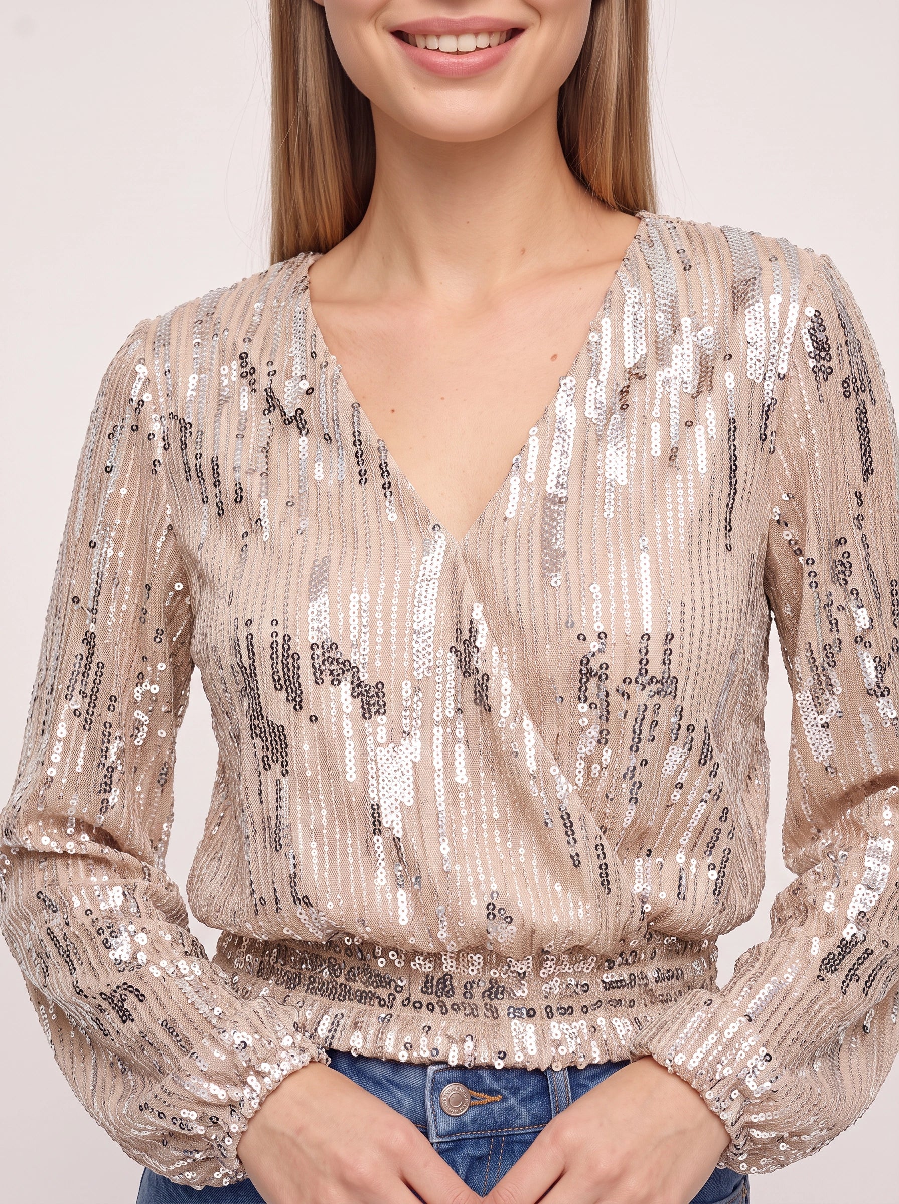 Scintille Sequin Wrap Crop Top – Women Long Sleeve V-Neck Party Cocktail Evening Formal Cropped Blouse