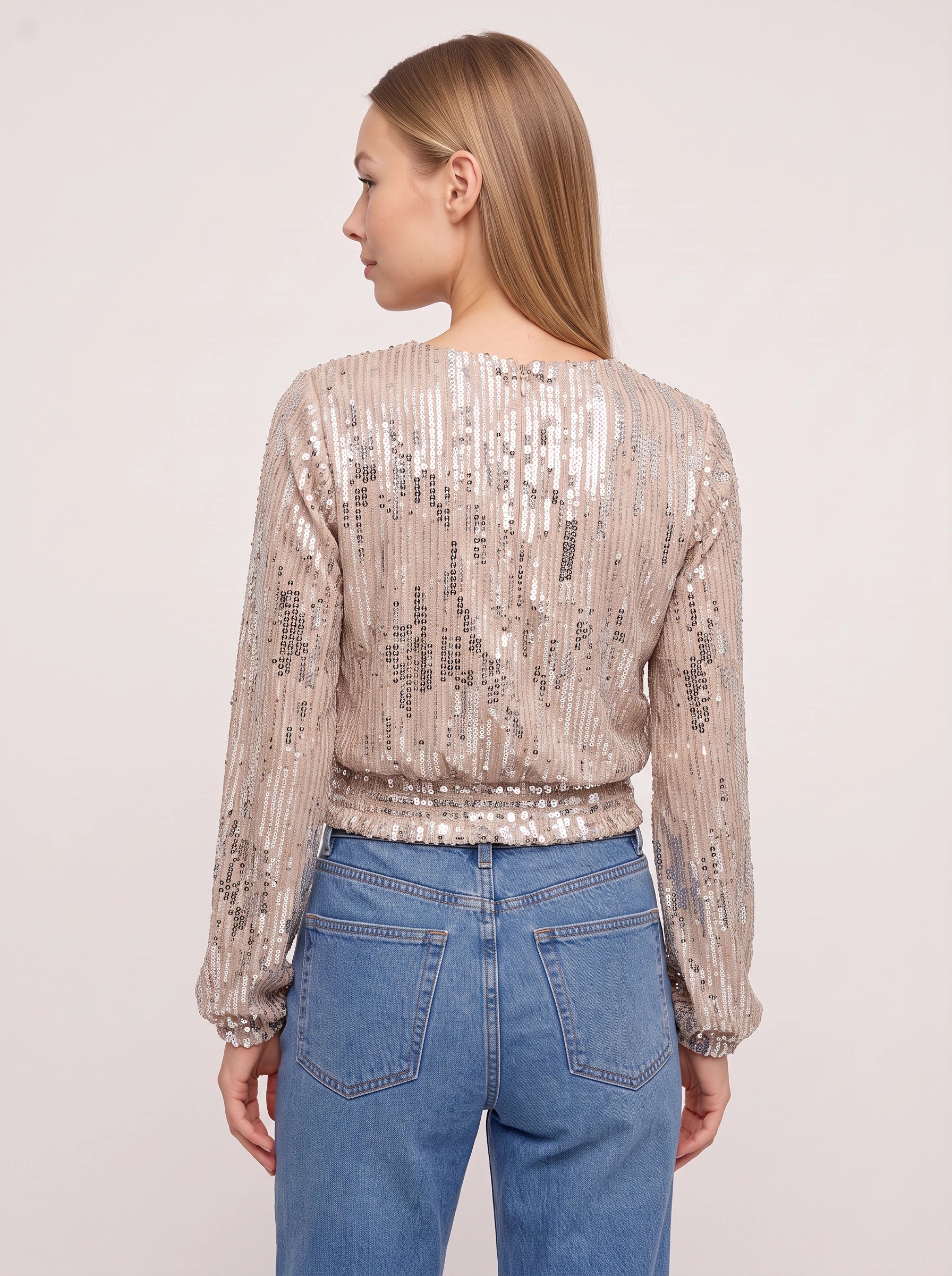 Scintille Sequin Wrap Crop Top – Women Long Sleeve V-Neck Party Cocktail Evening Formal Cropped Blouse