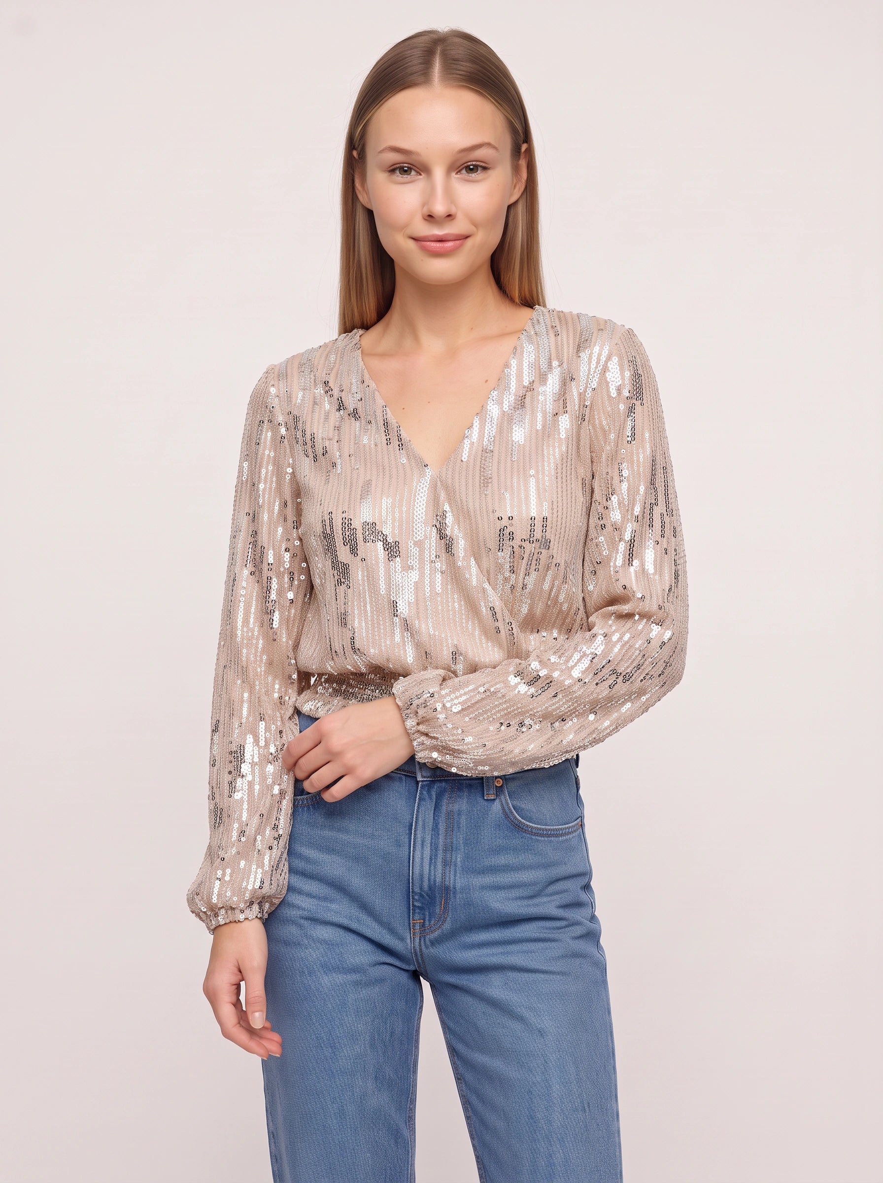 Scintille Sequin Wrap Crop Top – Women Long Sleeve V-Neck Party Cocktail Evening Formal Cropped Blouse