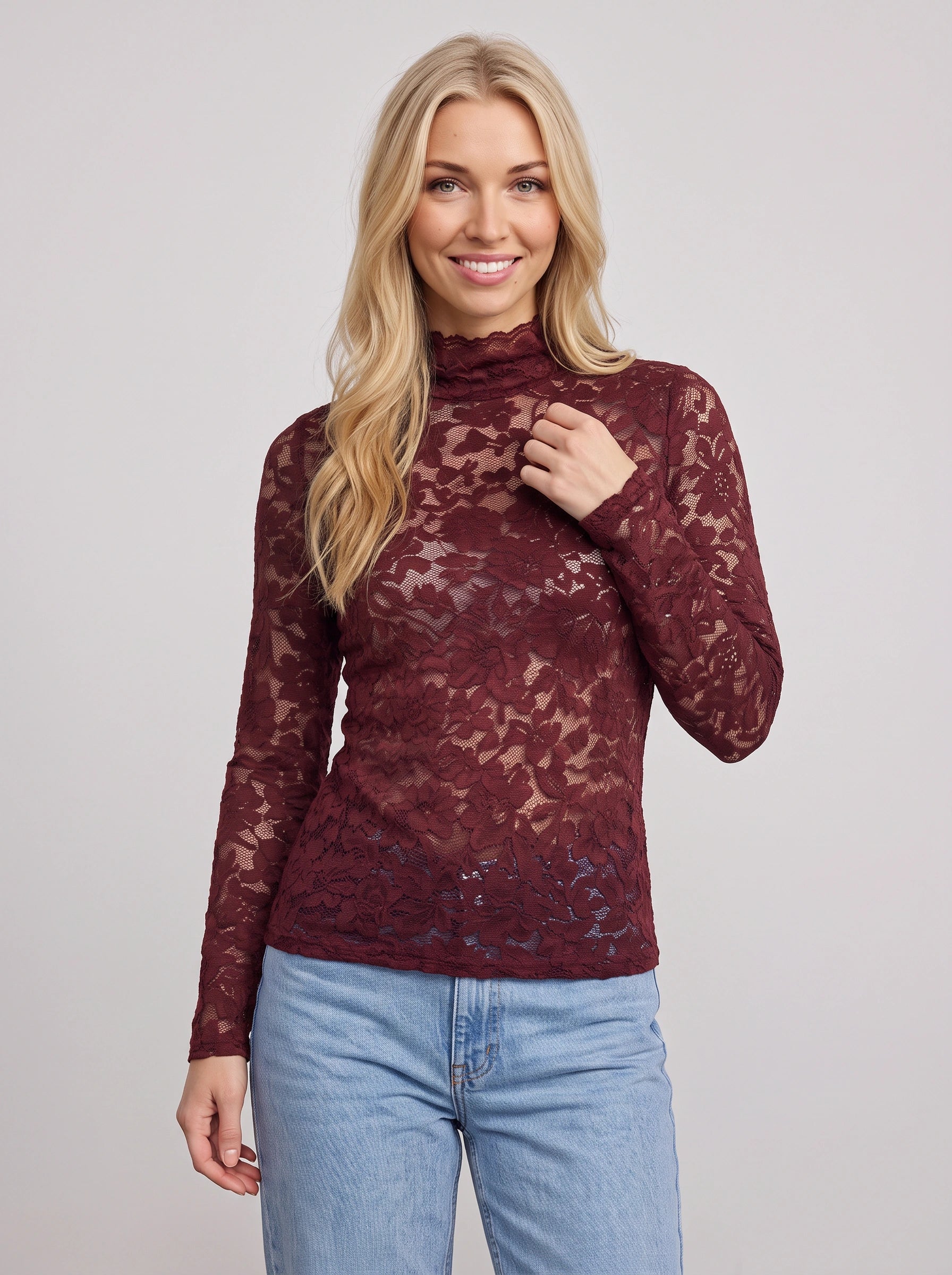 Haut en dentelle à col montant Dentella - blouse ajustée élégante pour femme, manches longues en mesh transparent, pour fête ou soirée