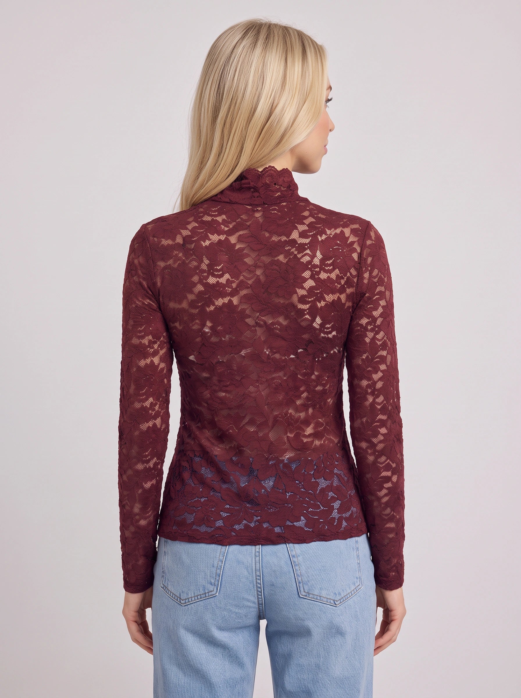 Haut en dentelle à col montant Dentella - blouse ajustée élégante pour femme, manches longues en mesh transparent, pour fête ou soirée