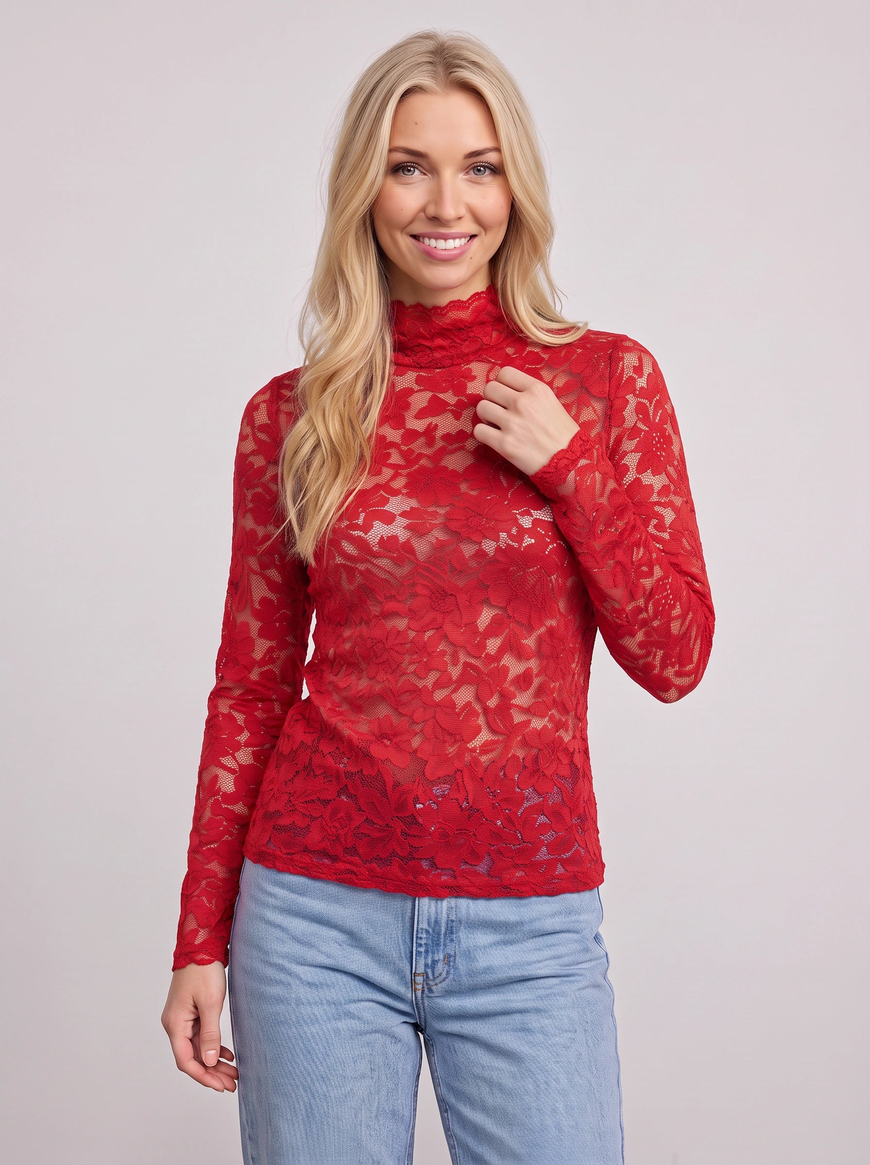 Haut en dentelle à col montant Dentella - blouse ajustée élégante pour femme, manches longues en mesh transparent, pour fête ou soirée