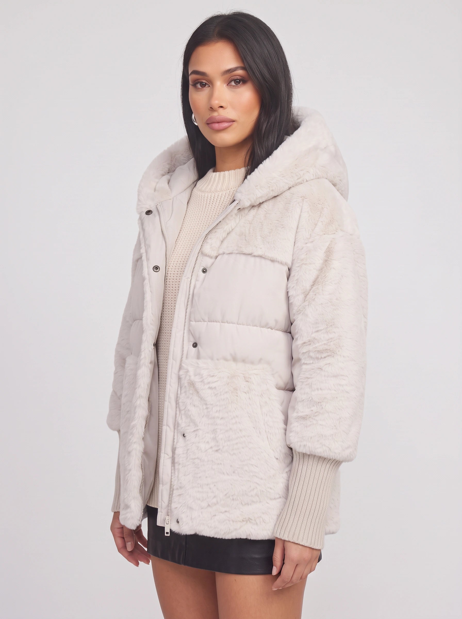 Pelusia Quilted Faux Fur Hooded Puffer Jacket – Women Winter Coat Oversized Streetwear Casual Outerwear