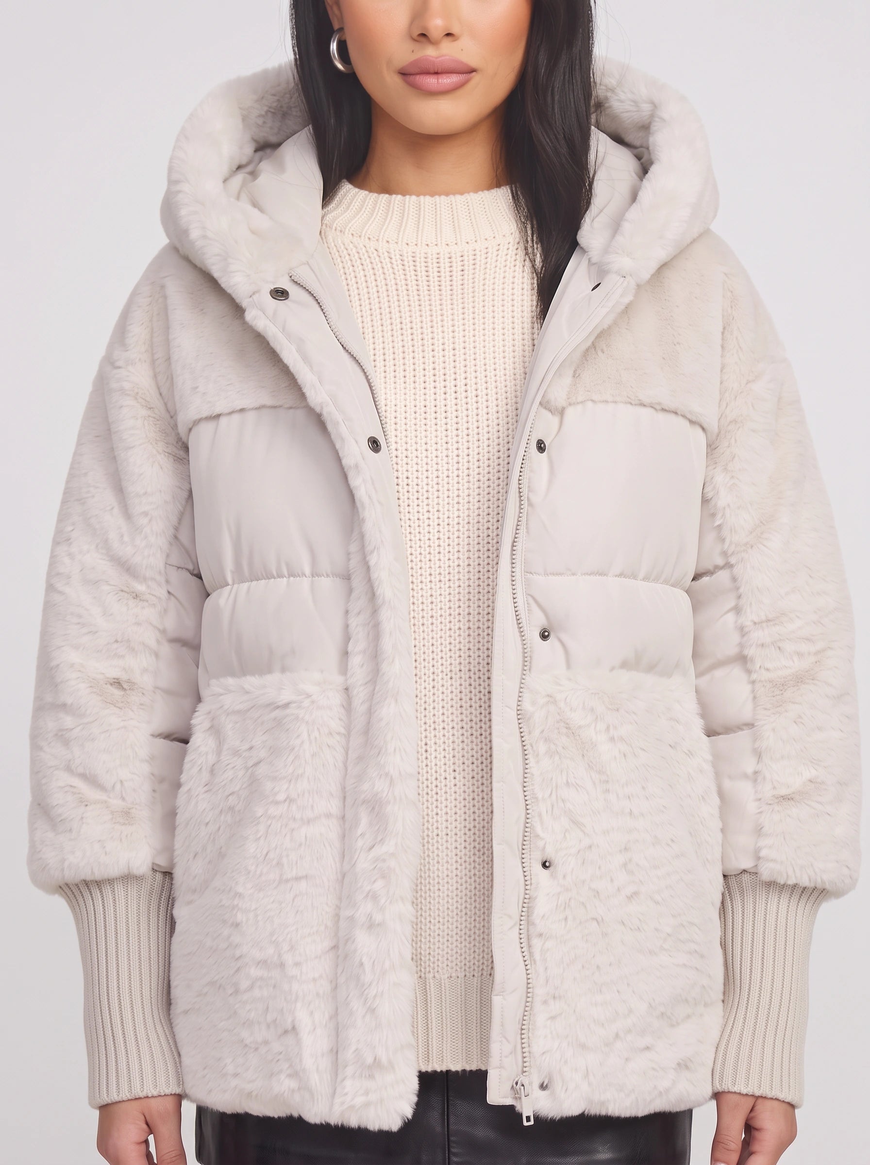 Pelusia Quilted Faux Fur Hooded Puffer Jacket – Women Winter Coat Oversized Streetwear Casual Outerwear