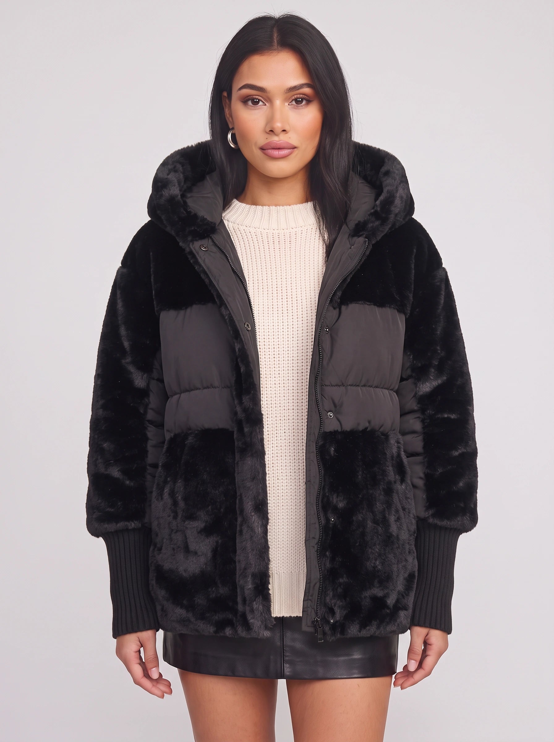 Pelusia Quilted Faux Fur Hooded Puffer Jacket – Women Winter Coat Oversized Streetwear Casual Outerwear