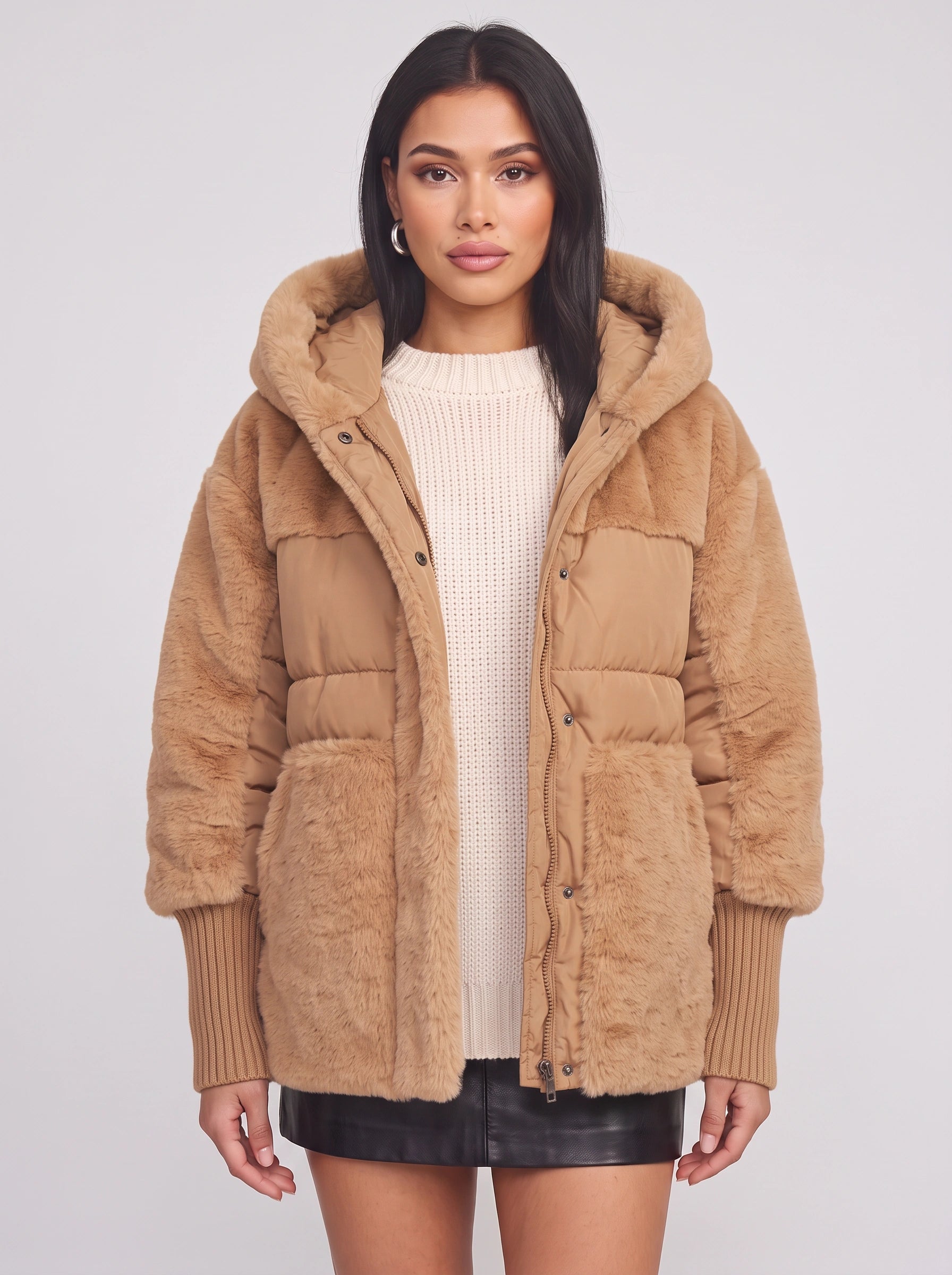 Pelusia Quilted Faux Fur Hooded Puffer Jacket – Women Winter Coat Oversized Streetwear Casual Outerwear