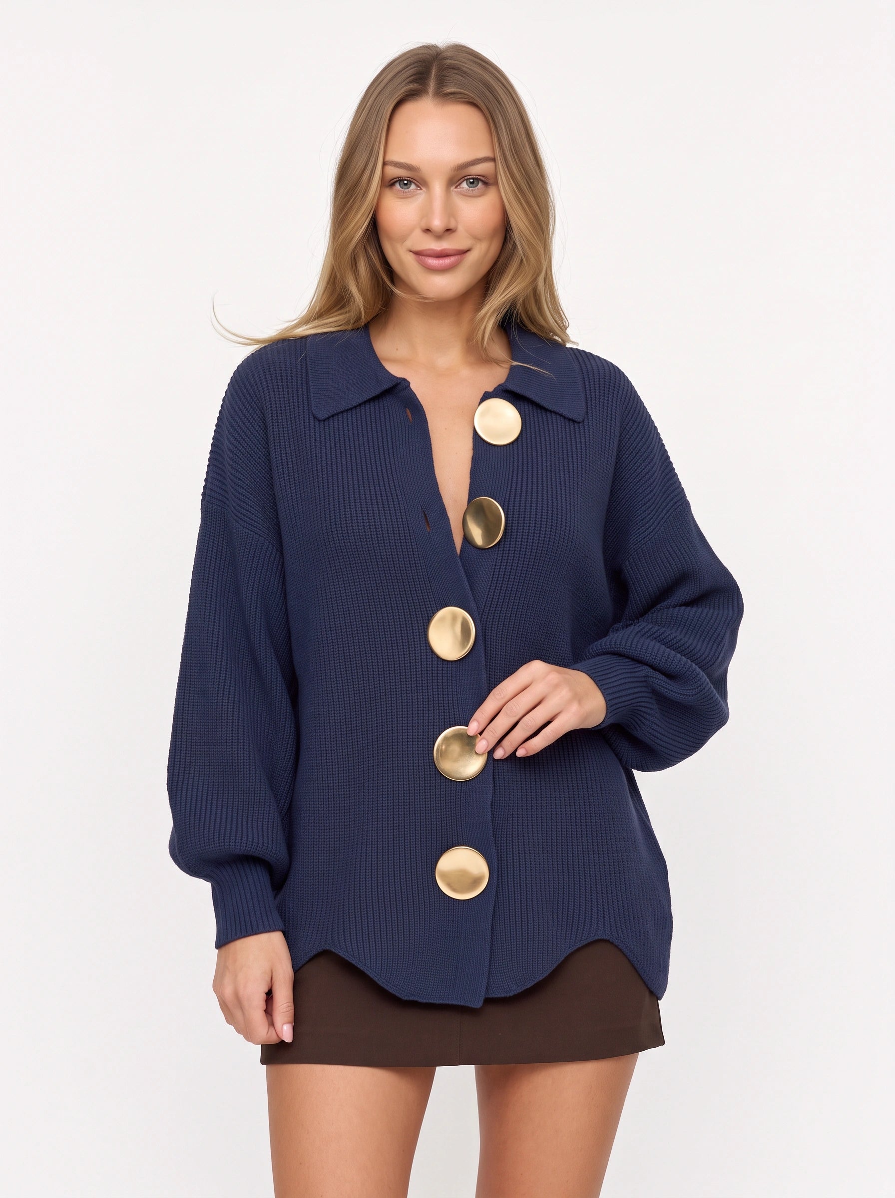 Cardigan boutonné à col Cosima - cardigan oversize long en maille épaisse pour femme, haut boutonné décontracté pour l’automne