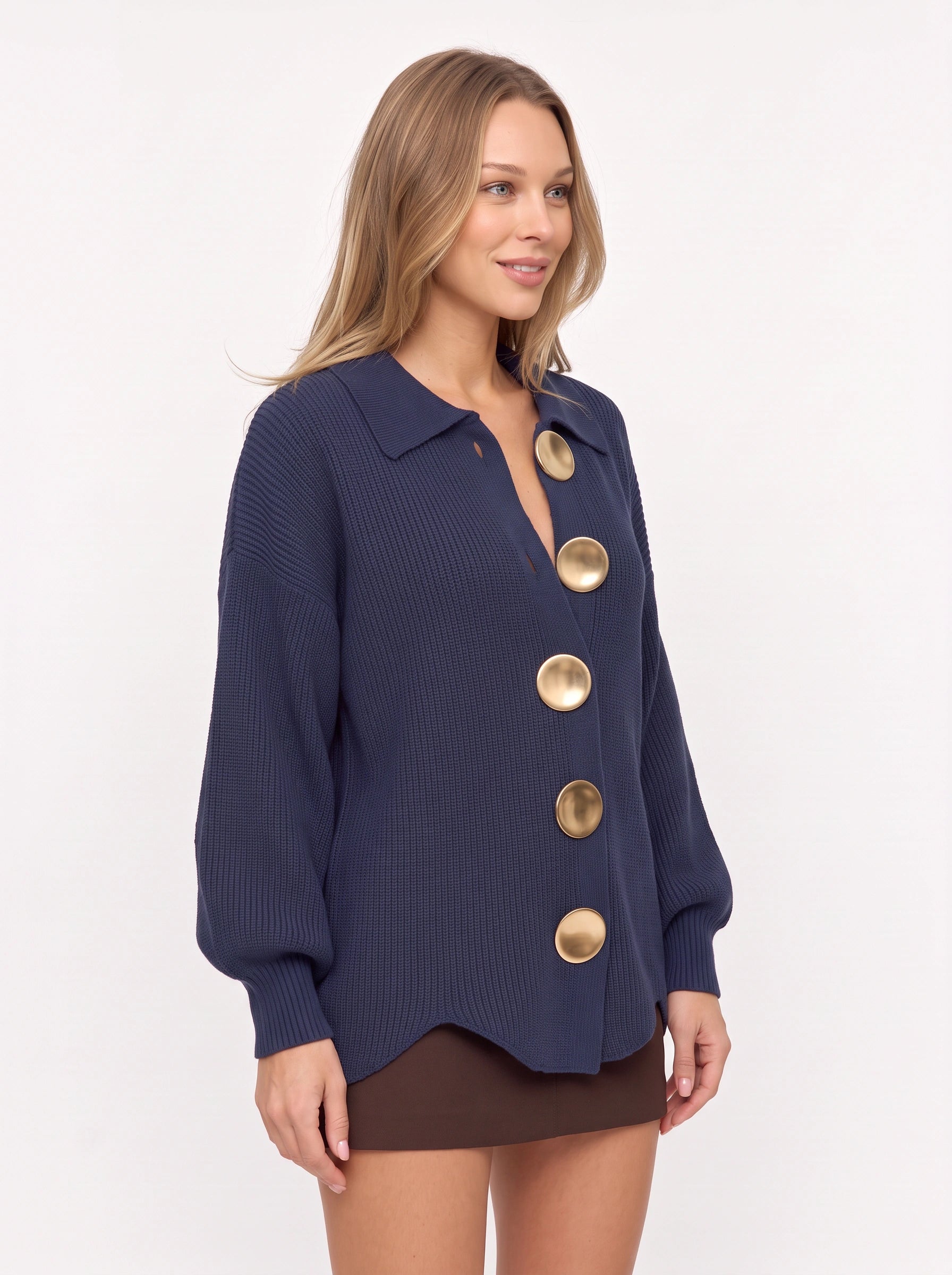 Cardigan boutonné à col Cosima - cardigan oversize long en maille épaisse pour femme, haut boutonné décontracté pour l’automne