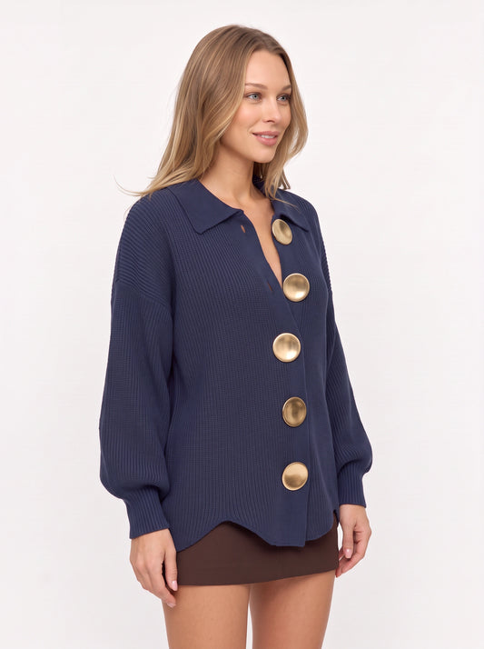 Cosima Collared Button Cardigan – Oversized Longline Buttoned Tops Women Fall Lounge Chunky Knit Cardigan