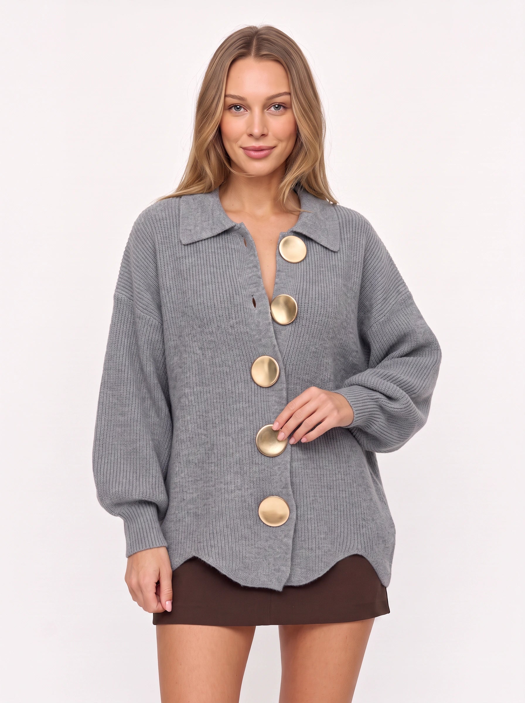 Cardigan boutonné à col Cosima - cardigan oversize long en maille épaisse pour femme, haut boutonné décontracté pour l’automne