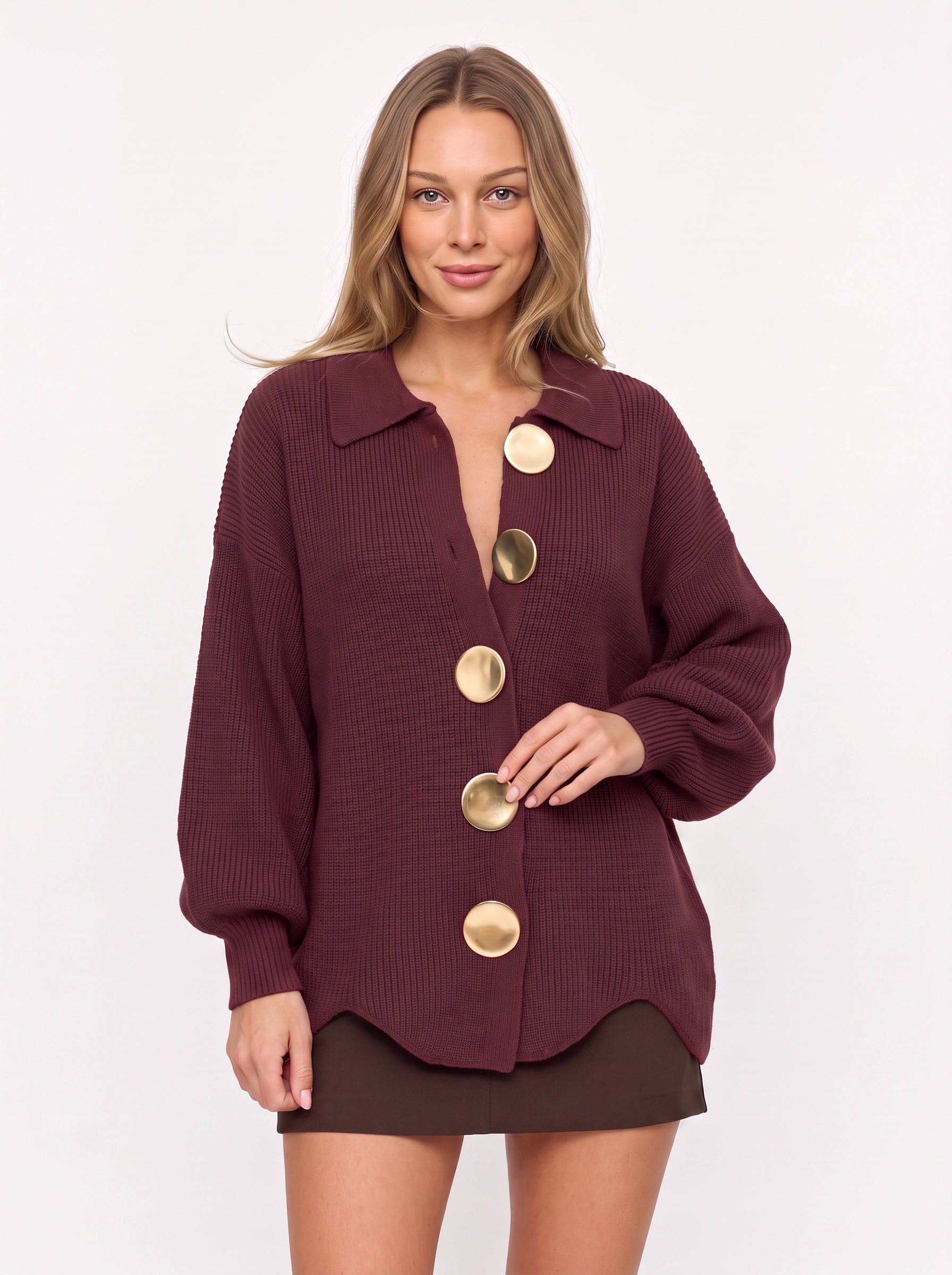 Cardigan boutonné à col Cosima - cardigan oversize long en maille épaisse pour femme, haut boutonné décontracté pour l’automne