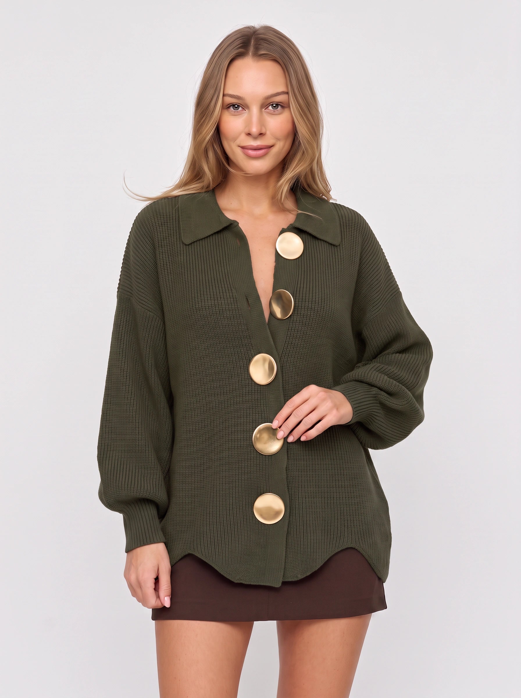 Cardigan boutonné à col Cosima - cardigan oversize long en maille épaisse pour femme, haut boutonné décontracté pour l’automne