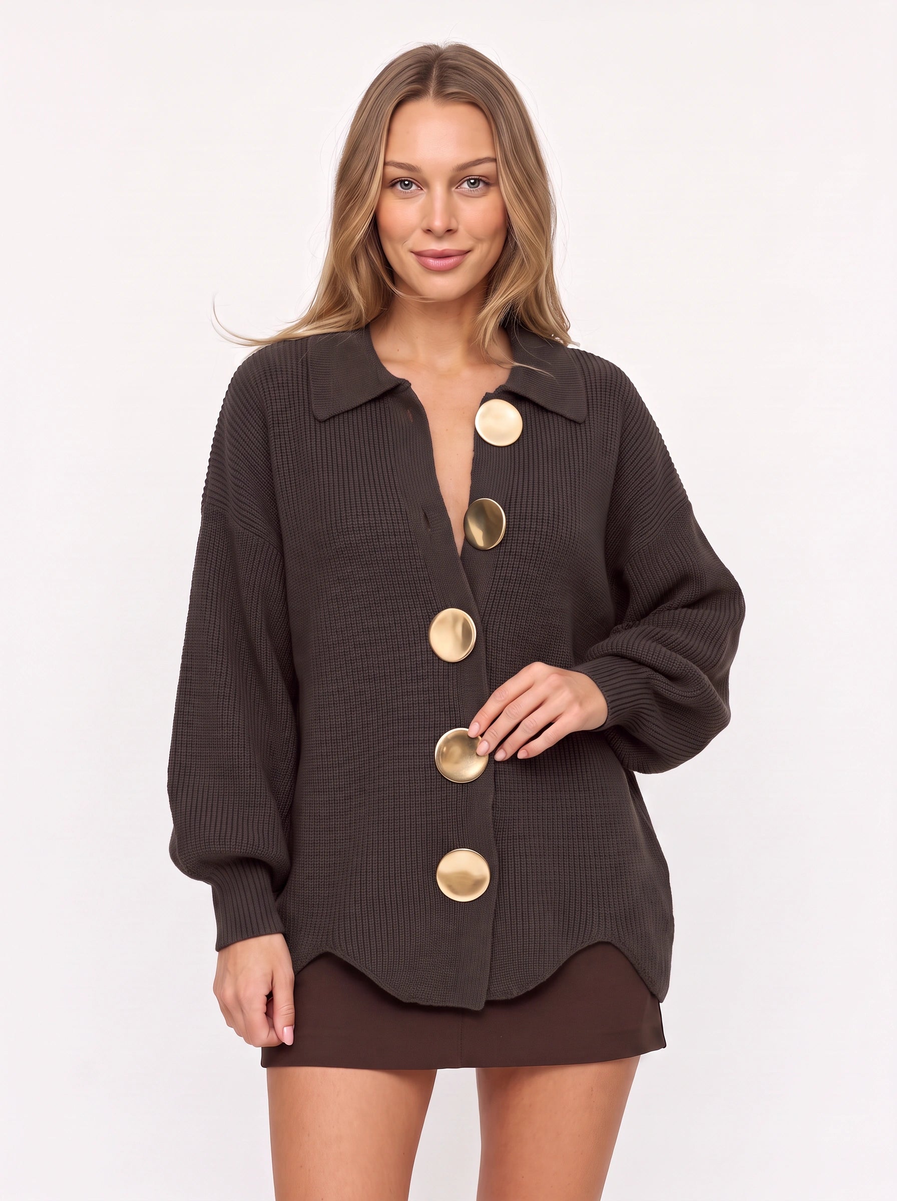 Cardigan boutonné à col Cosima - cardigan oversize long en maille épaisse pour femme, haut boutonné décontracté pour l’automne
