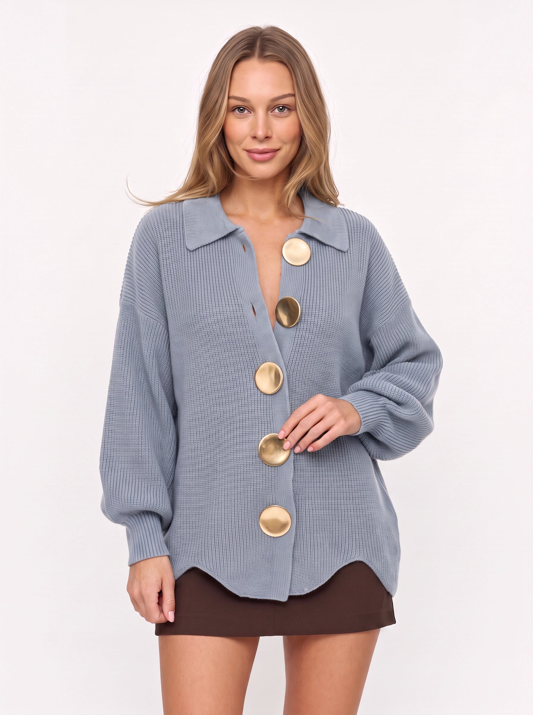 Cardigan boutonné à col Cosima - cardigan oversize long en maille épaisse pour femme, haut boutonné décontracté pour l’automne