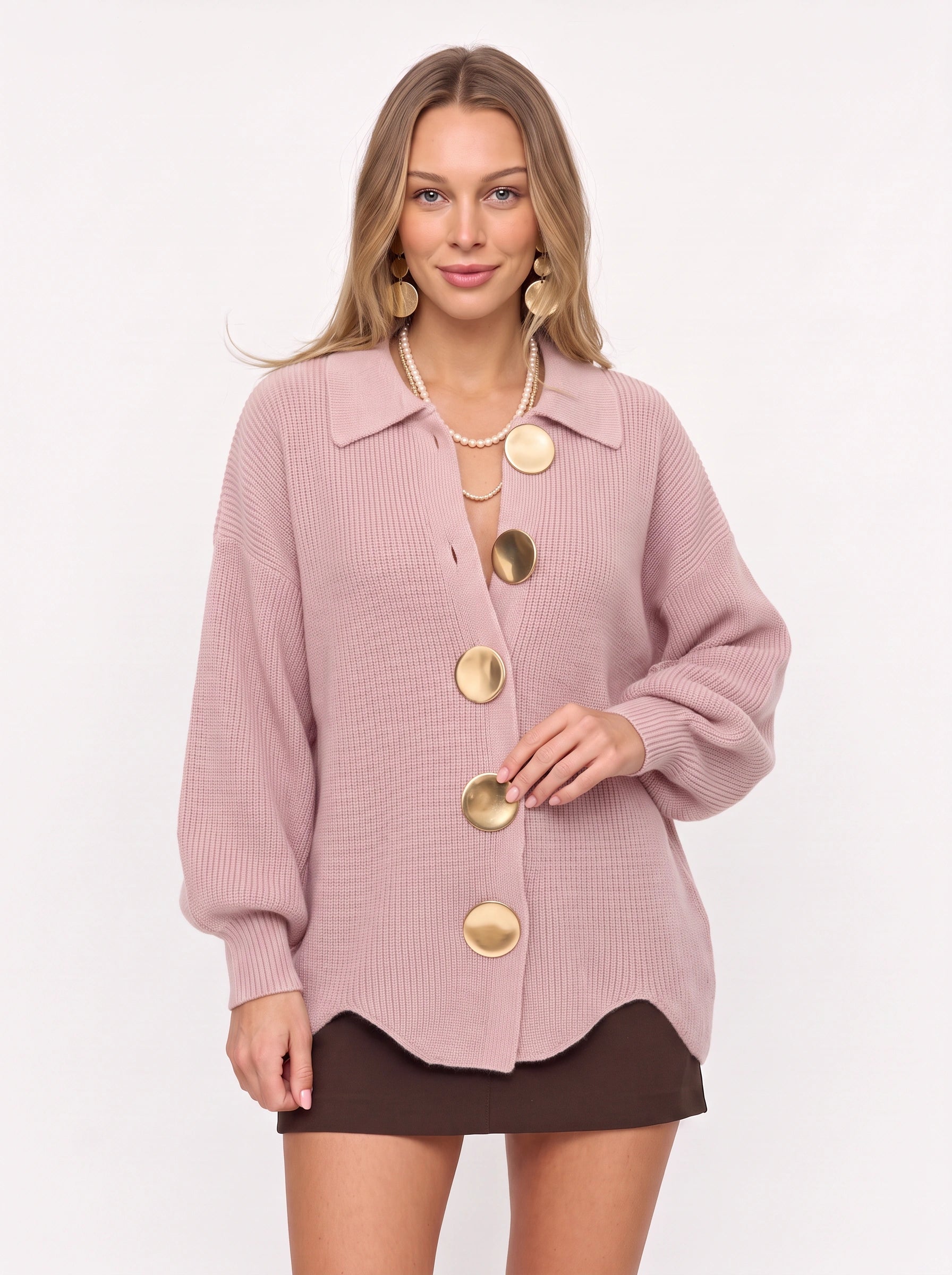 Cardigan boutonné à col Cosima - cardigan oversize long en maille épaisse pour femme, haut boutonné décontracté pour l’automne