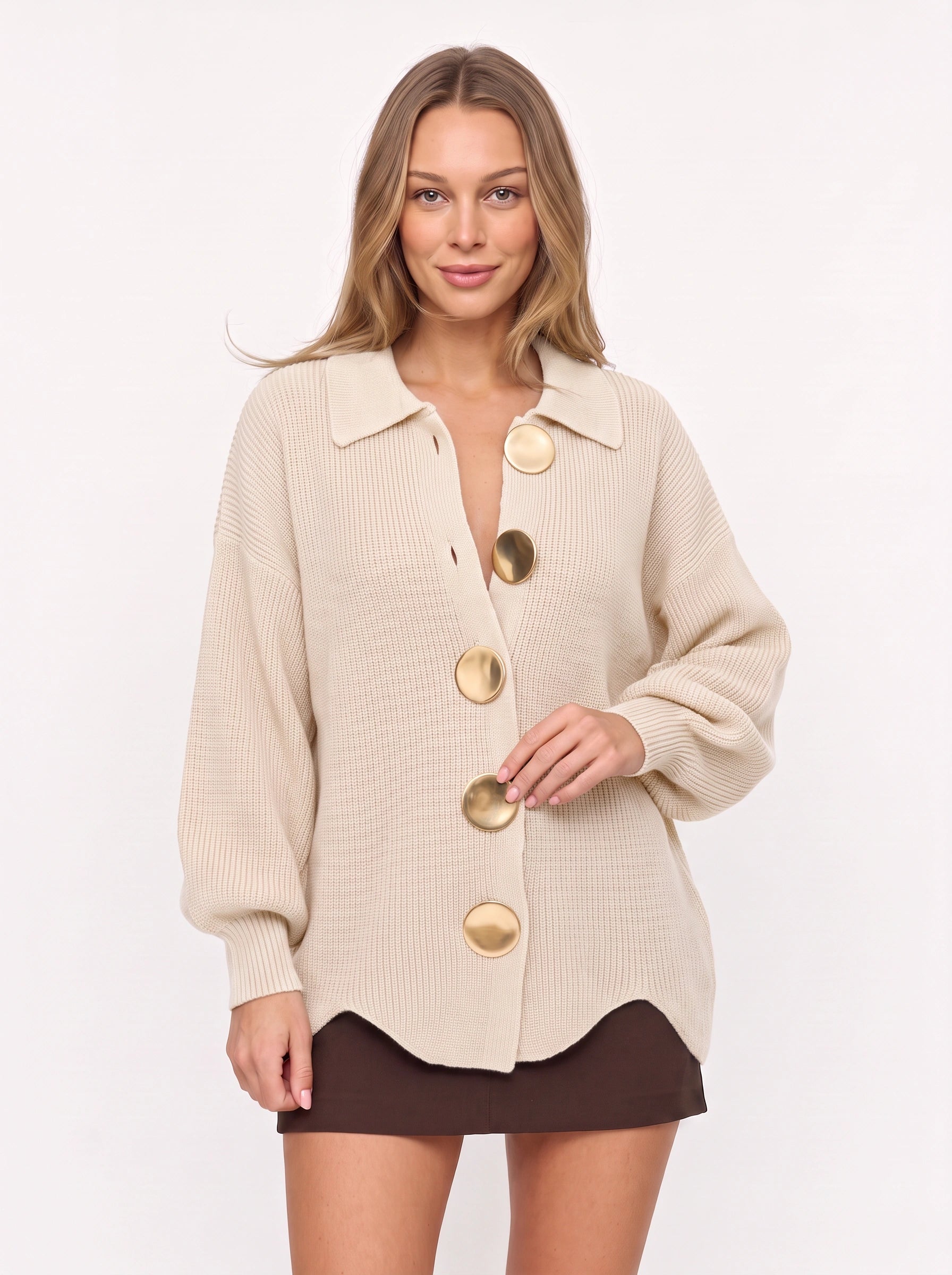 Cardigan boutonné à col Cosima - cardigan oversize long en maille épaisse pour femme, haut boutonné décontracté pour l’automne