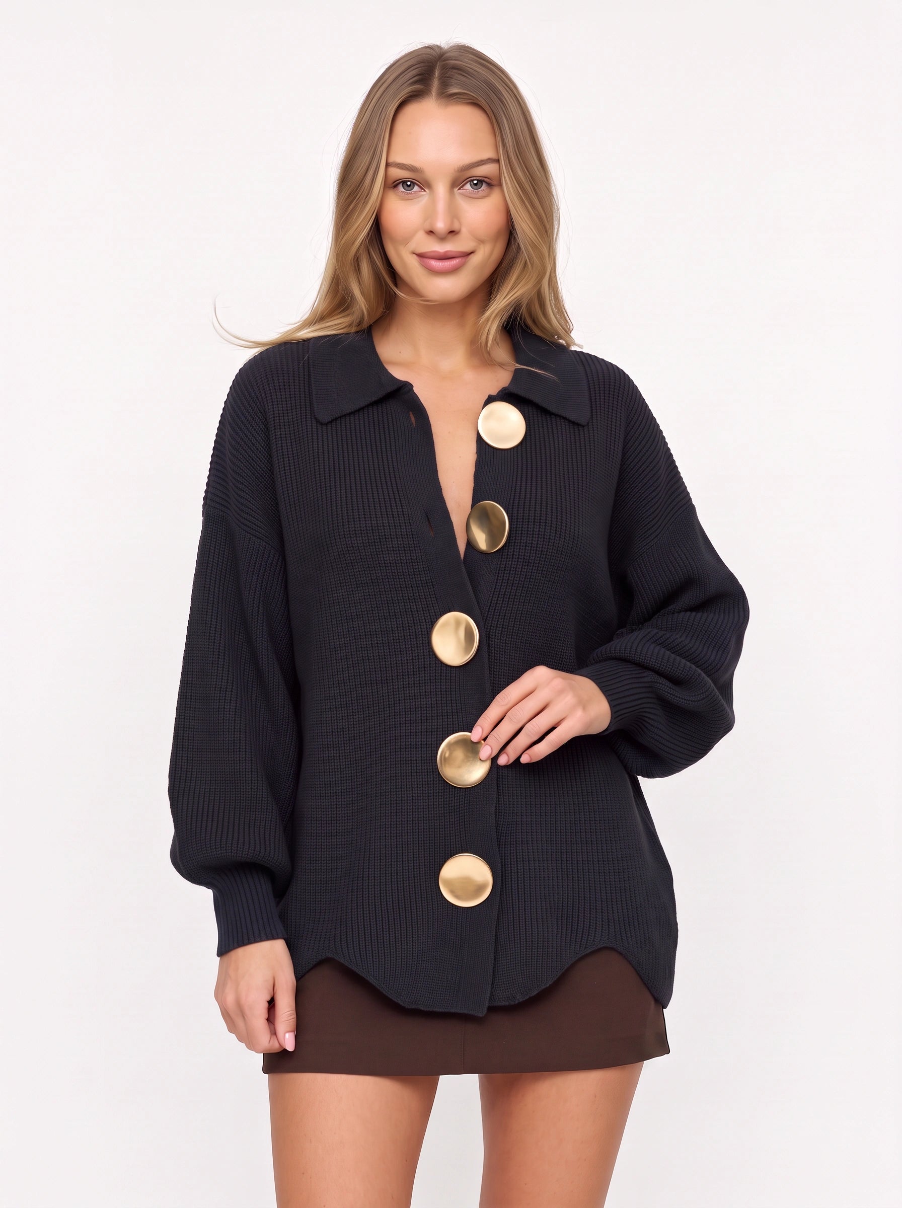 Cardigan boutonné à col Cosima - cardigan oversize long en maille épaisse pour femme, haut boutonné décontracté pour l’automne