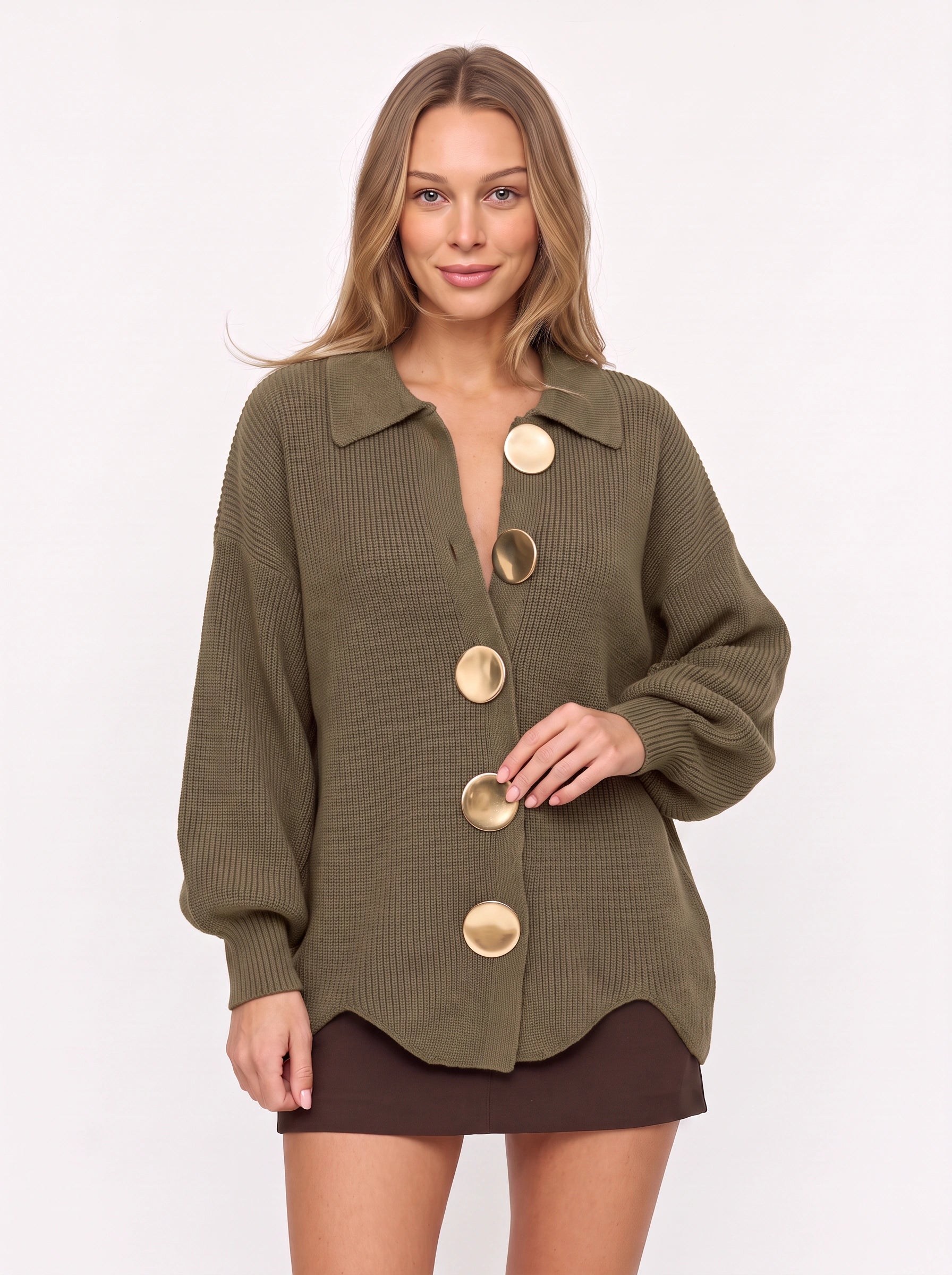 Cardigan boutonné à col Cosima - cardigan oversize long en maille épaisse pour femme, haut boutonné décontracté pour l’automne