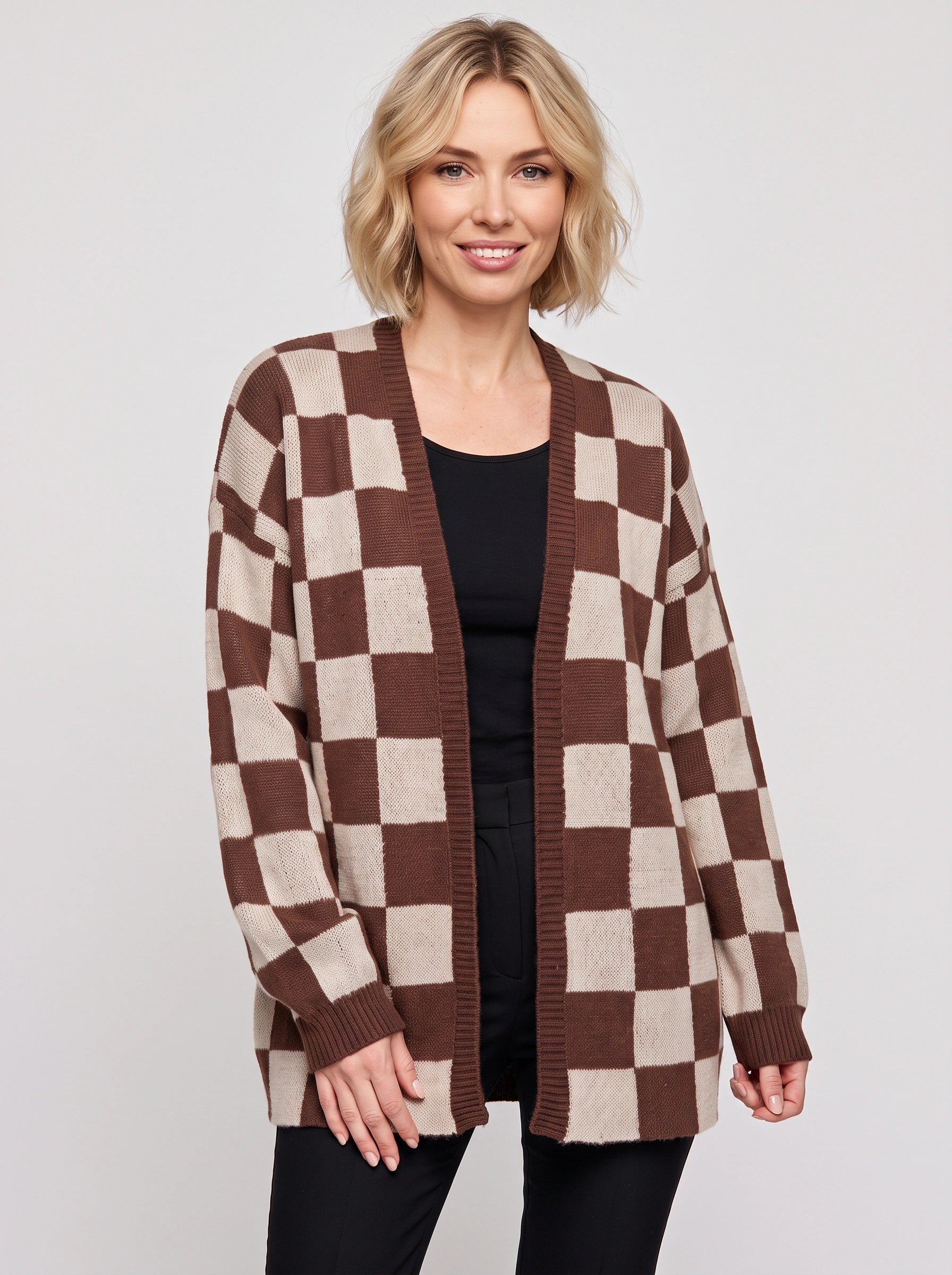 Gilet oversize en maille à damier Quadris - Gilet long ouvert sur le devant pour femme