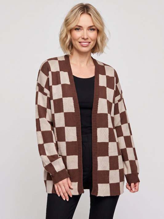 Quadris Oversized Checkerboard Cardigan – Women Open Front Knit Sweater Longline Cardigan