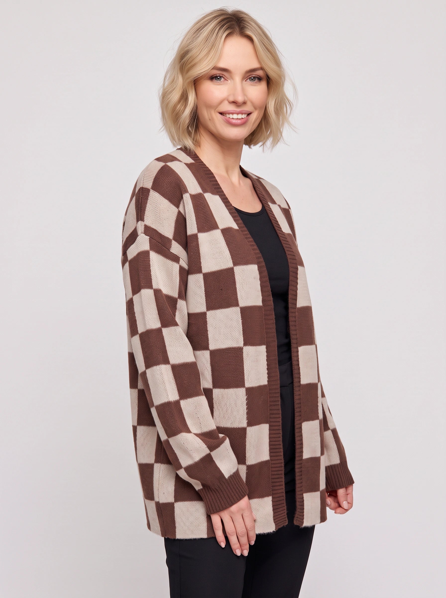 Gilet oversize en maille à damier Quadris - Gilet long ouvert sur le devant pour femme