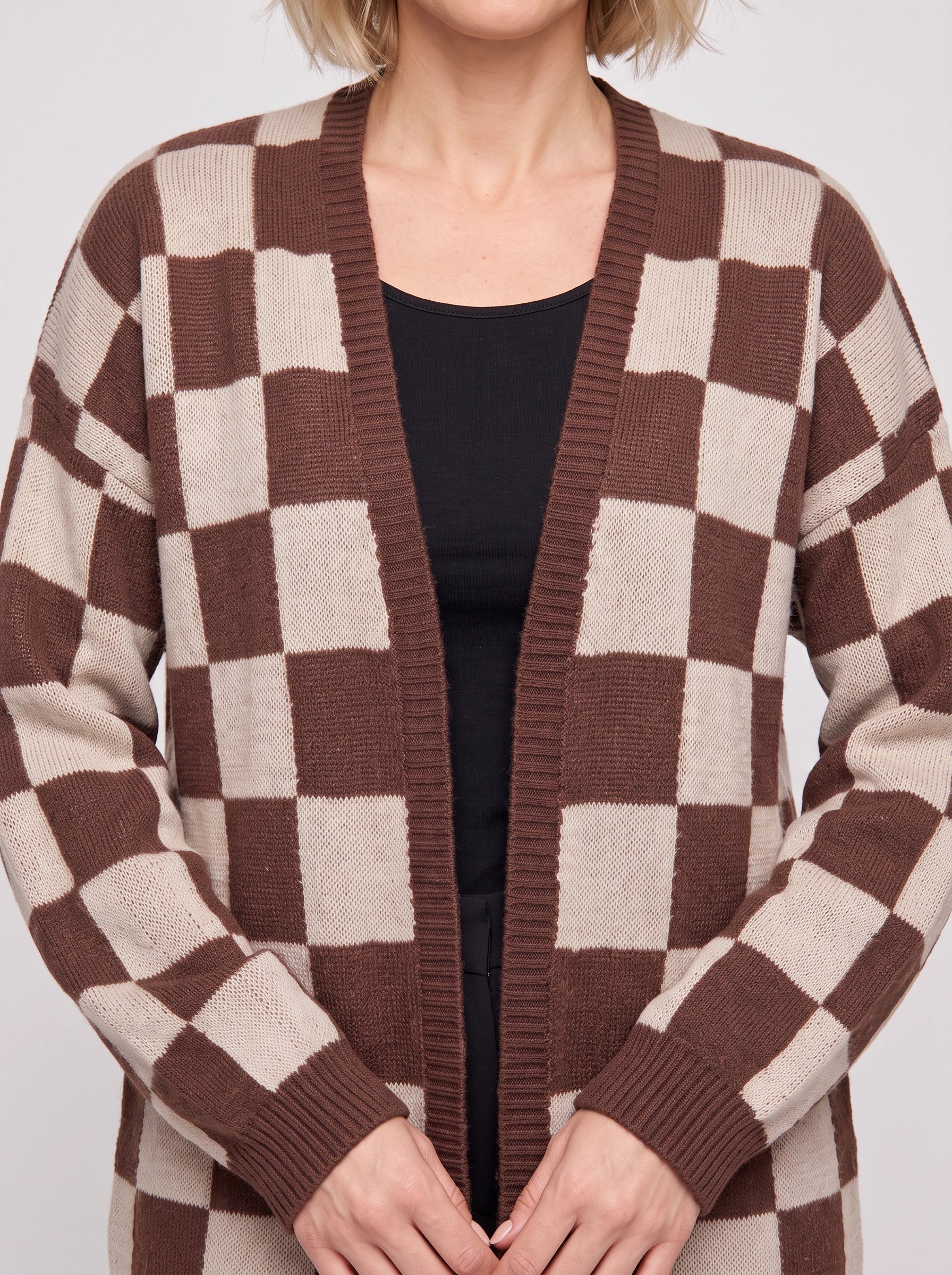 Gilet oversize en maille à damier Quadris - Gilet long ouvert sur le devant pour femme