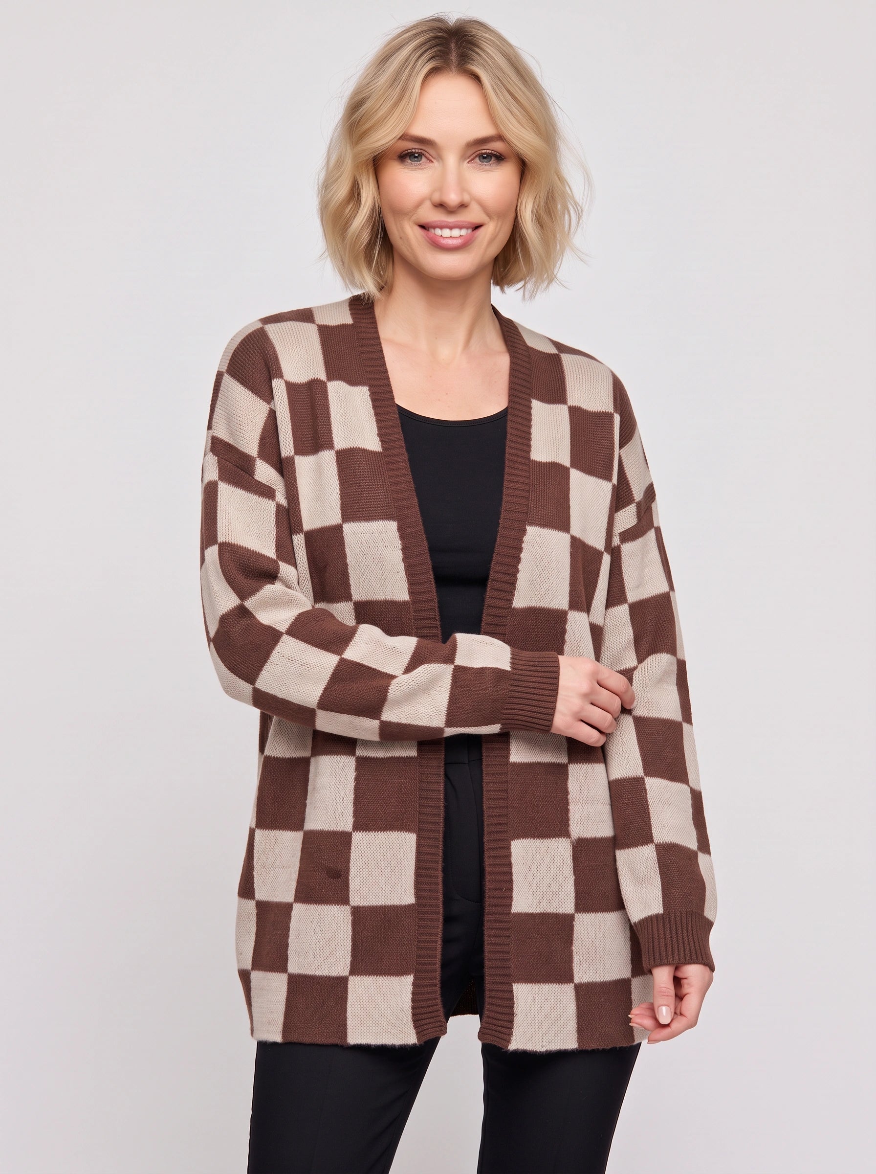 Gilet oversize en maille à damier Quadris - Gilet long ouvert sur le devant pour femme
