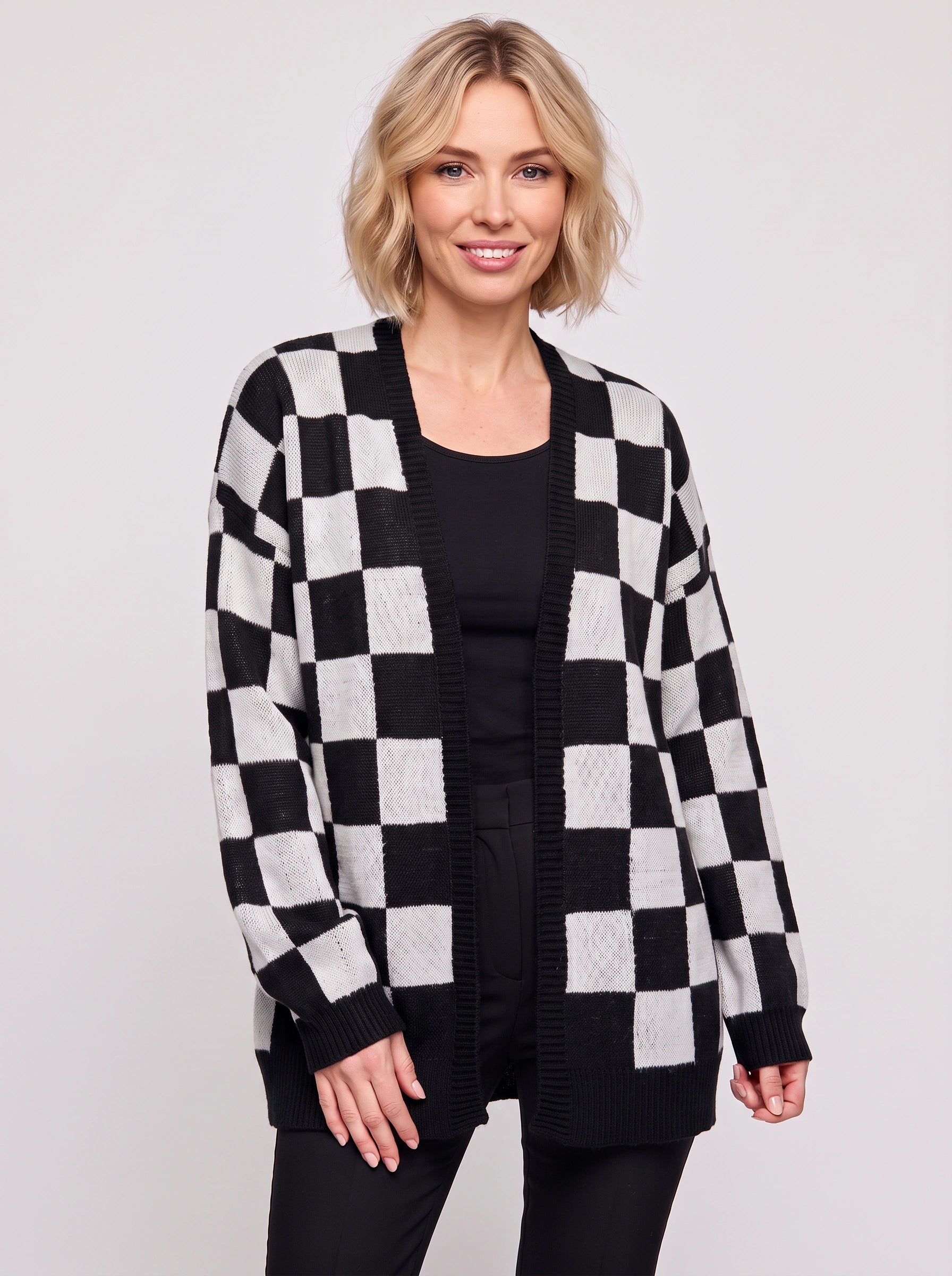 Gilet oversize en maille à damier Quadris - Gilet long ouvert sur le devant pour femme