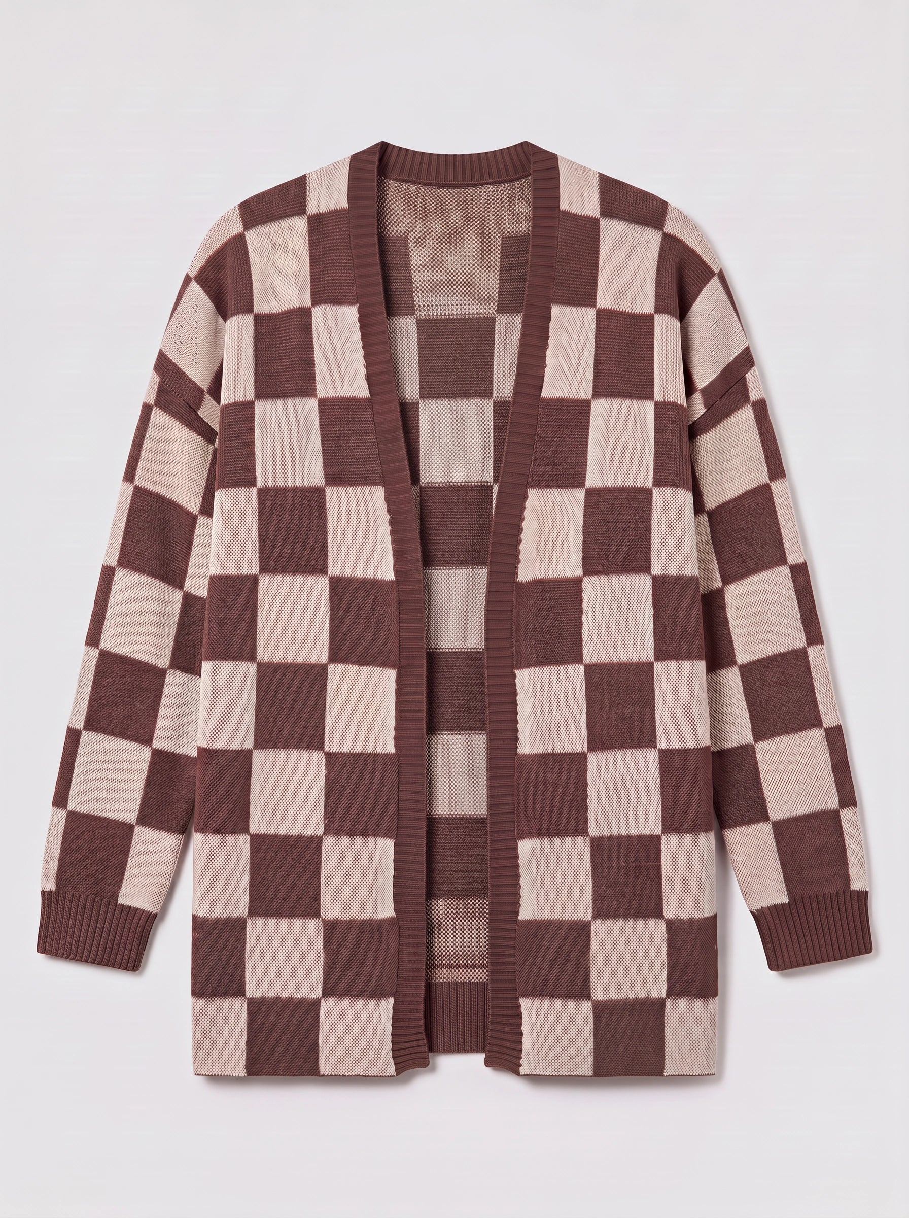 Gilet oversize en maille à damier Quadris - Gilet long ouvert sur le devant pour femme