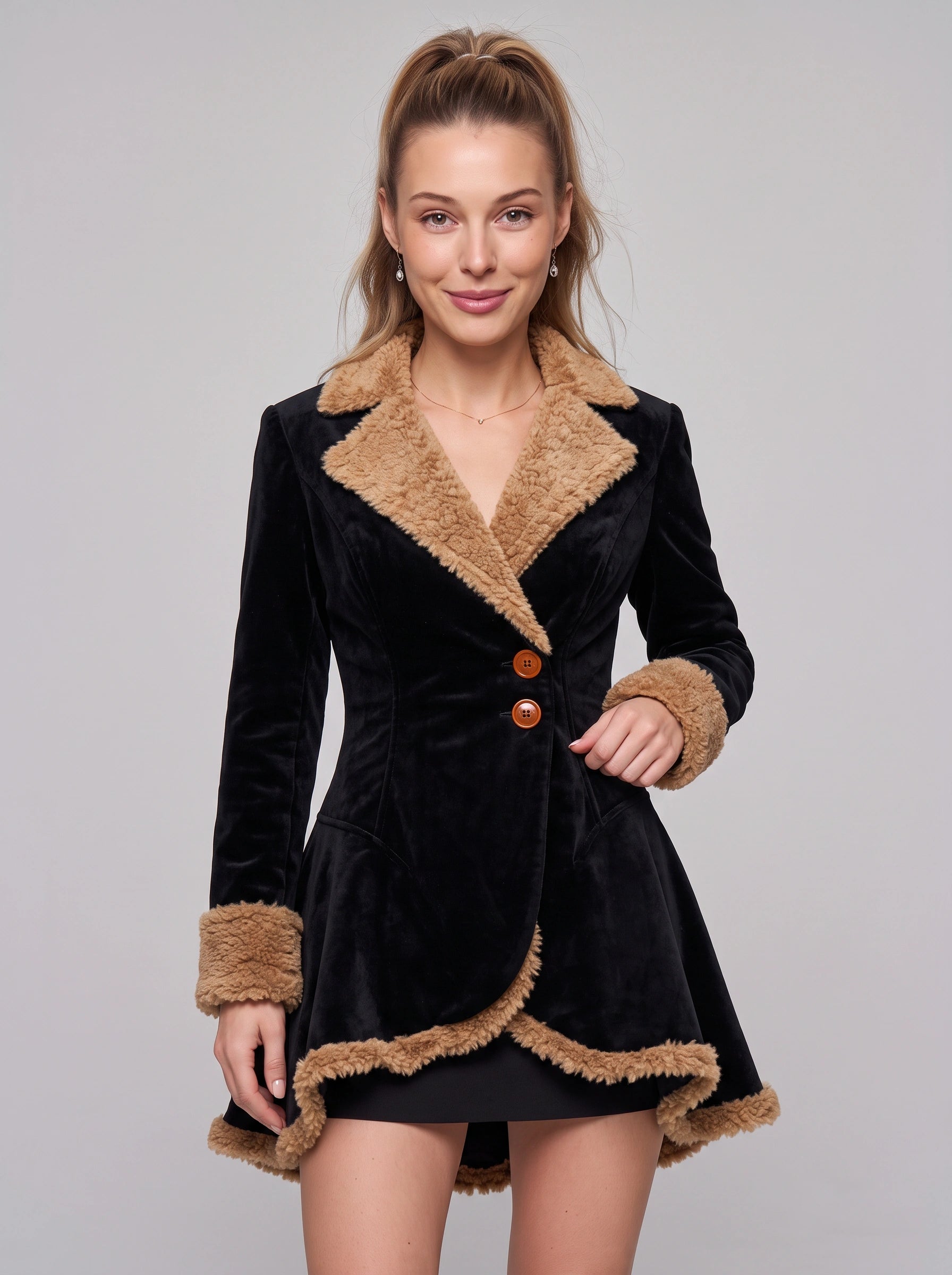 Trevelle Velvet Faux Fur Trim Mini Blazer Dress – Women Vintage Retro Lapel Party Evening Structured Mini Dress