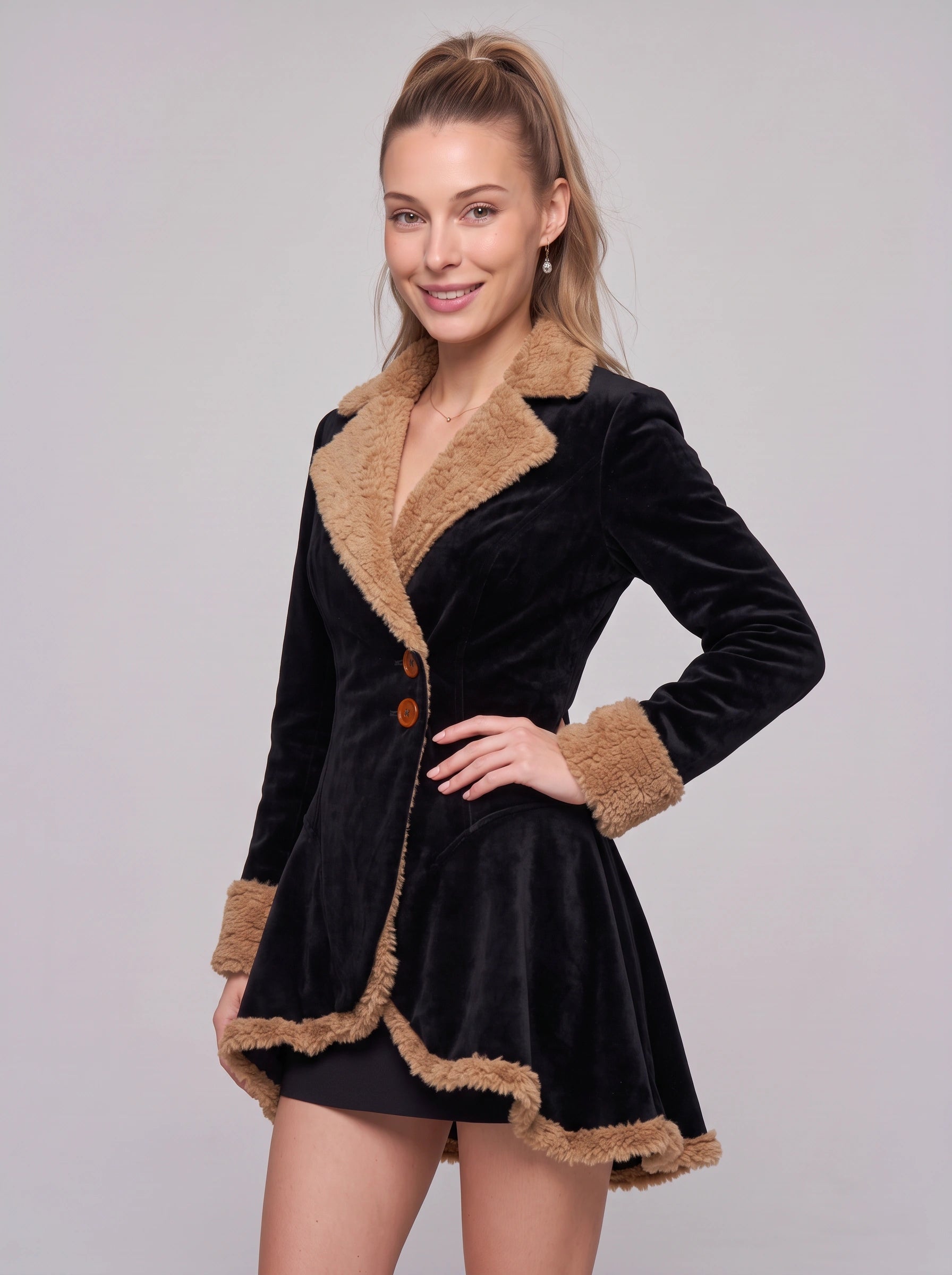 Trevelle Velvet Faux Fur Trim Mini Blazer Dress – Women Vintage Retro Lapel Party Evening Structured Mini Dress
